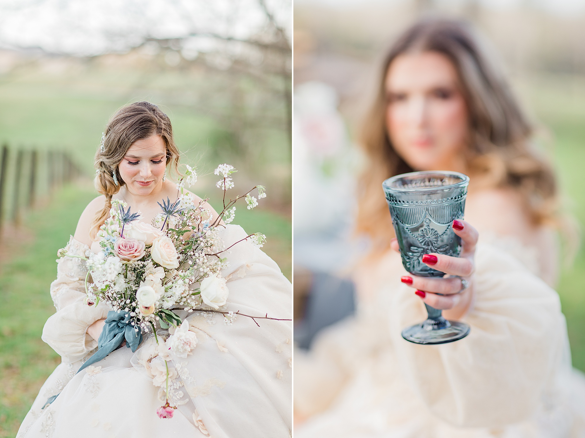 bride holds vintage blue glass