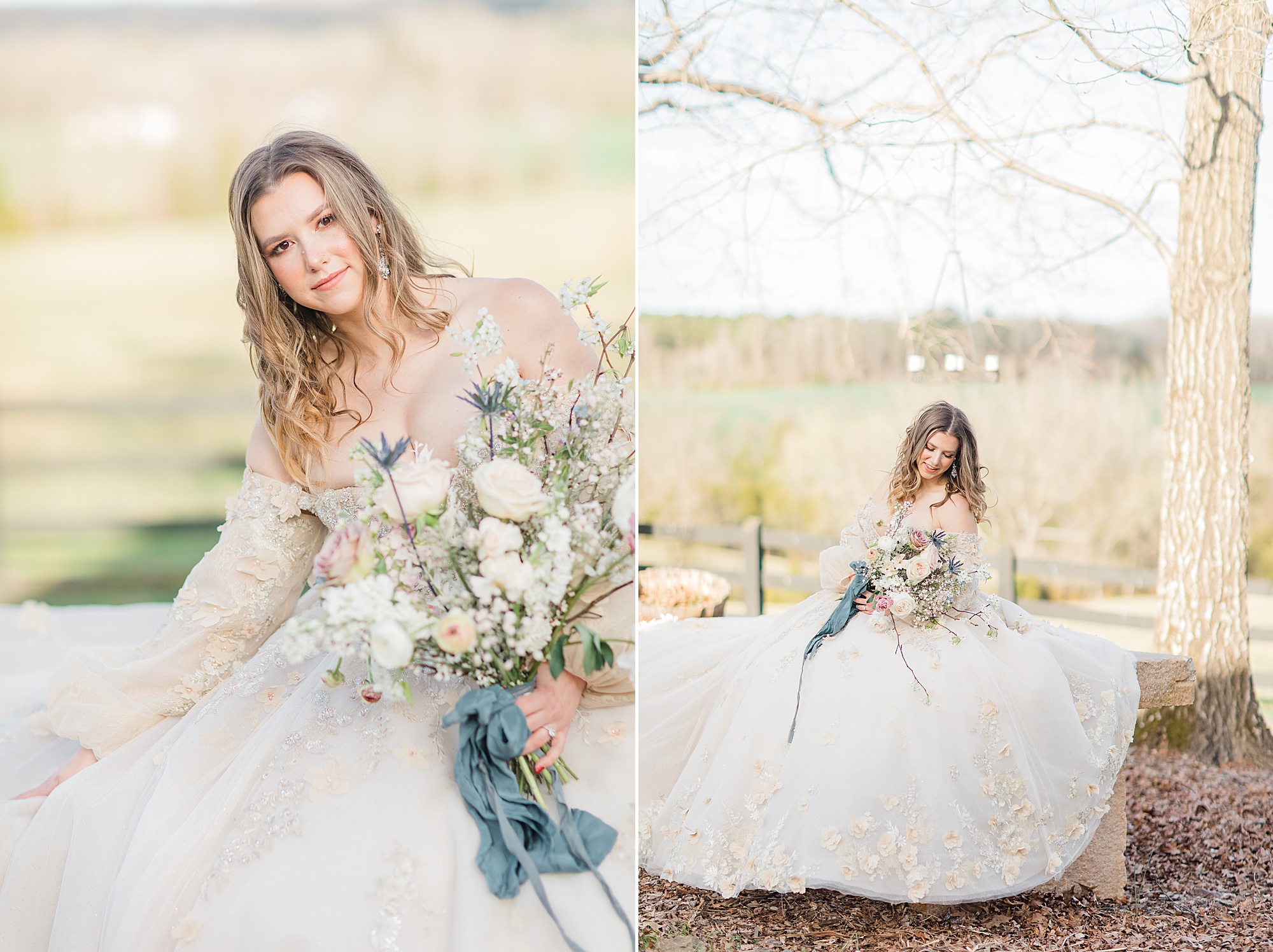 bride sits in ballgown outside in Charlotte NC