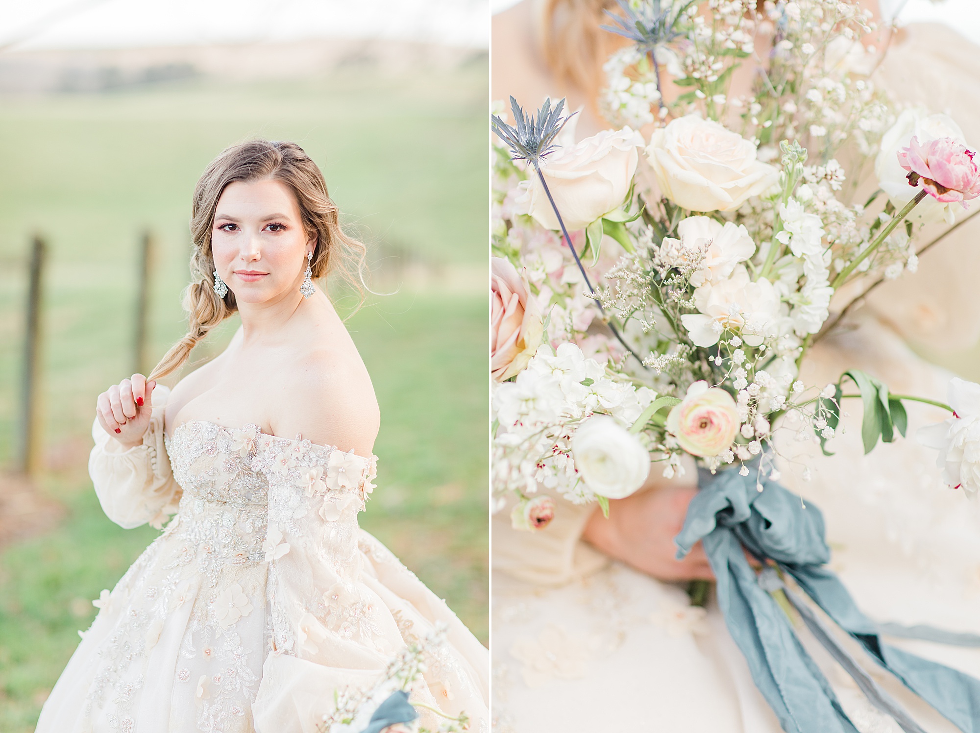bride poses with bouquet of pastel flowers