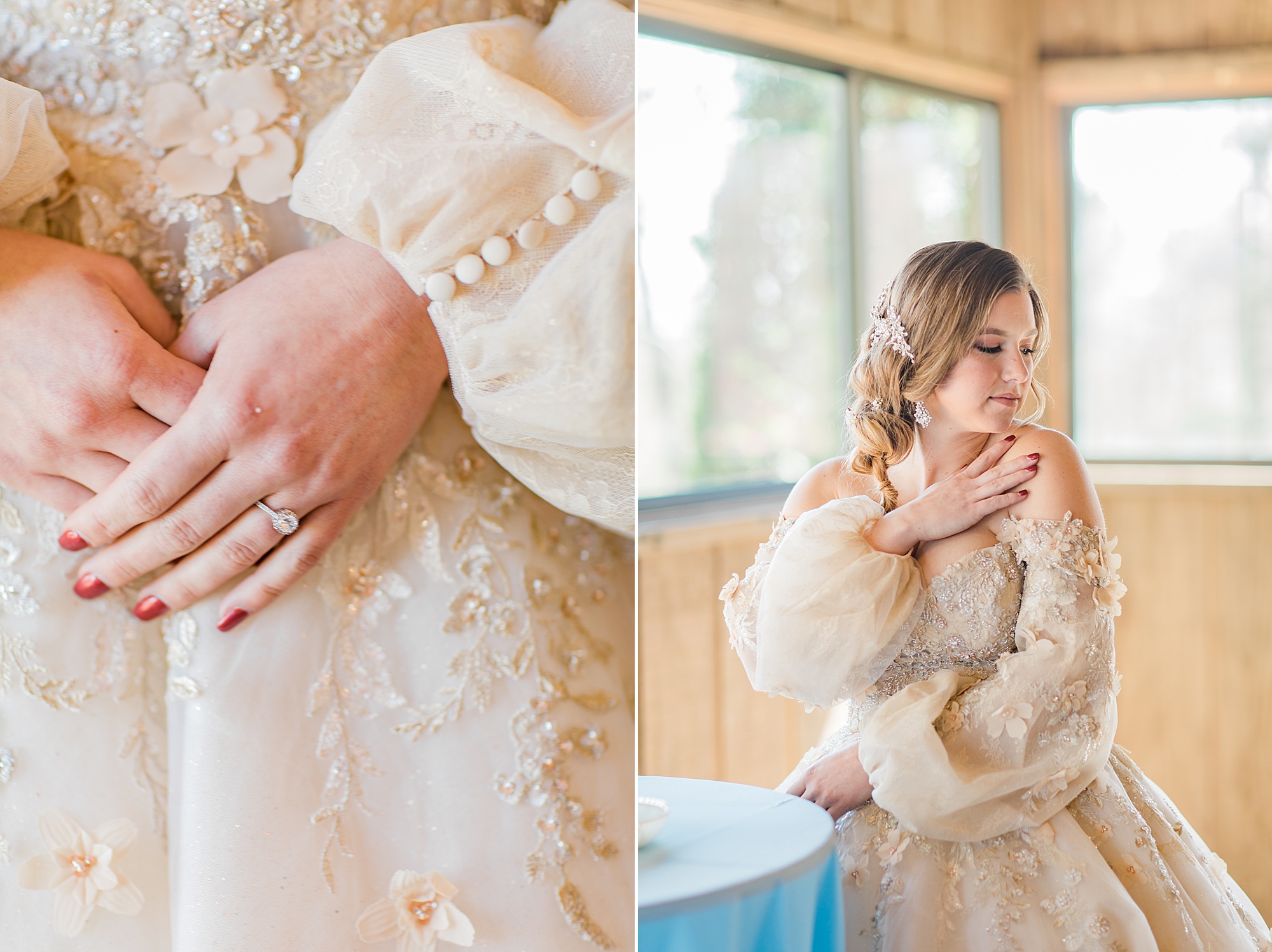 bride shows off intricate sleeves of wedding gown