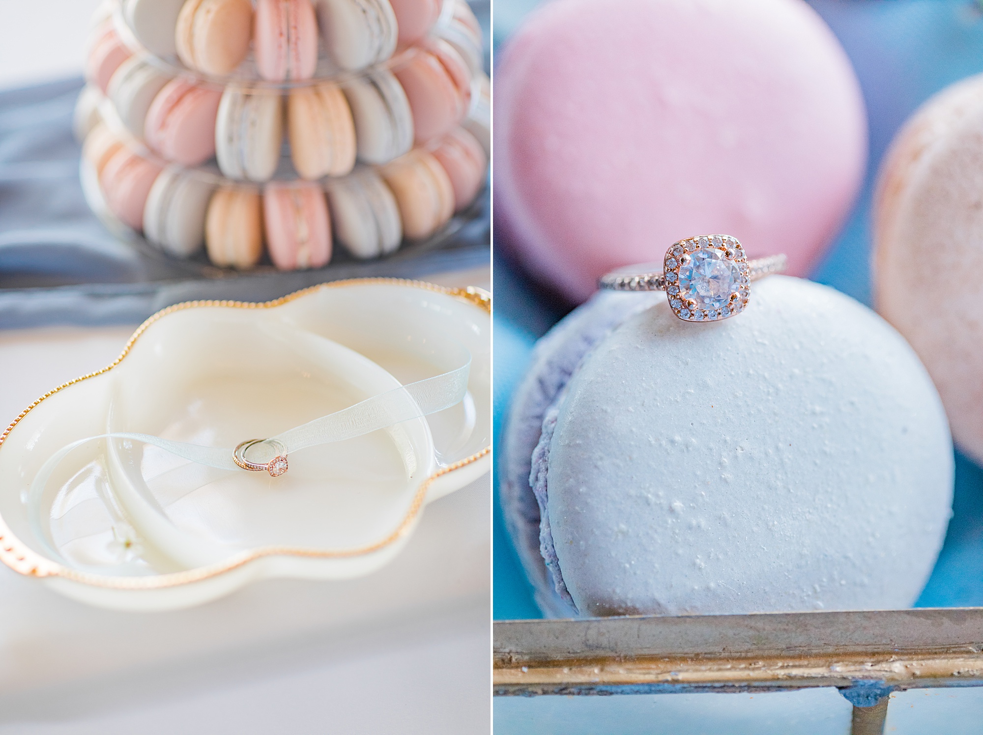 bride's ring rests on macaroons