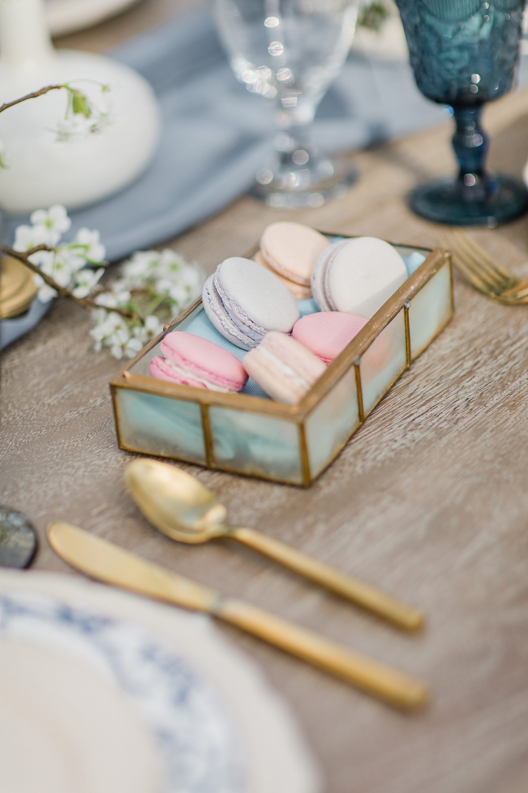 glass box with pastel macaroons for styled shoot