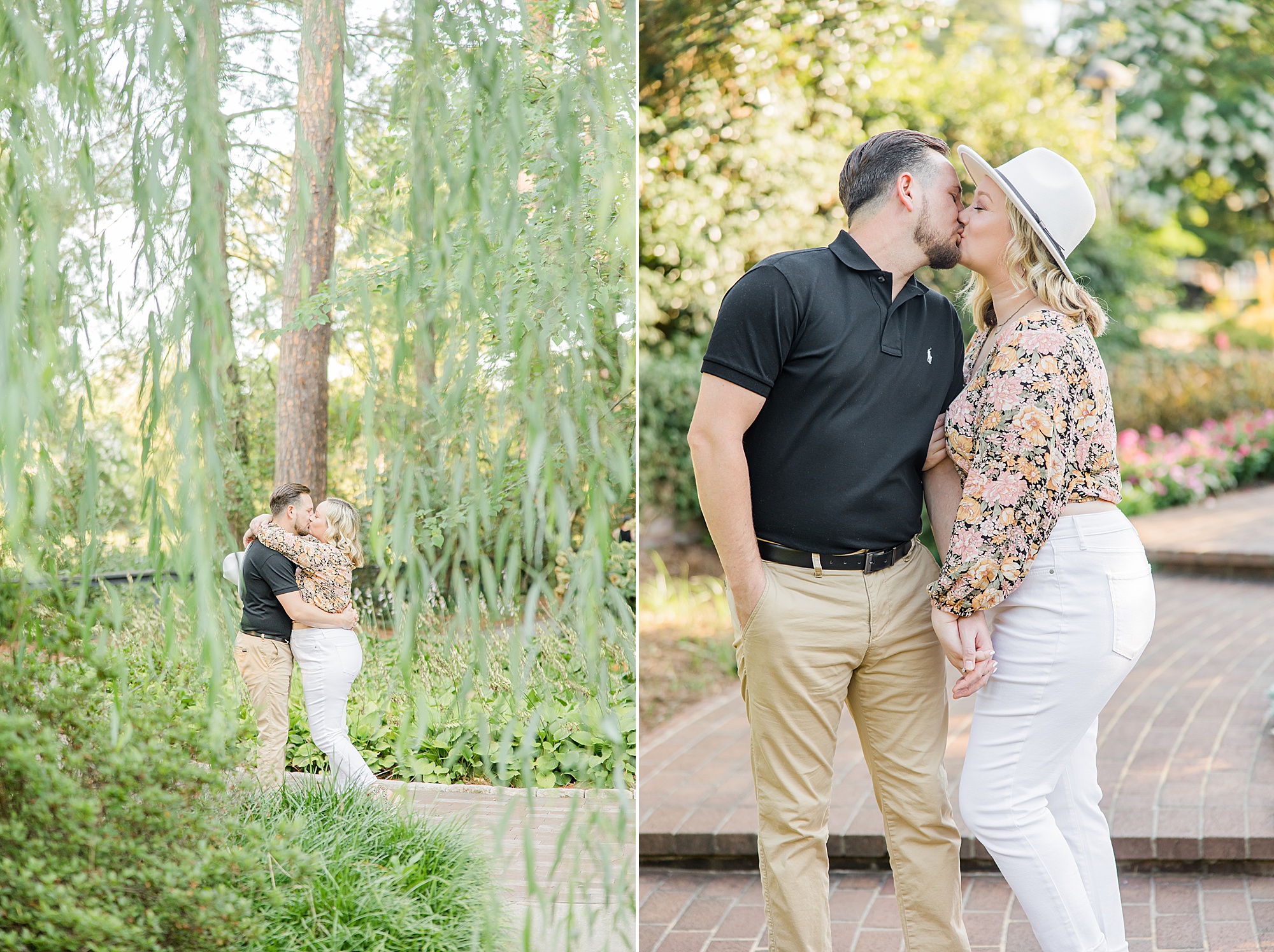 engaged couple poses under weeping willow 