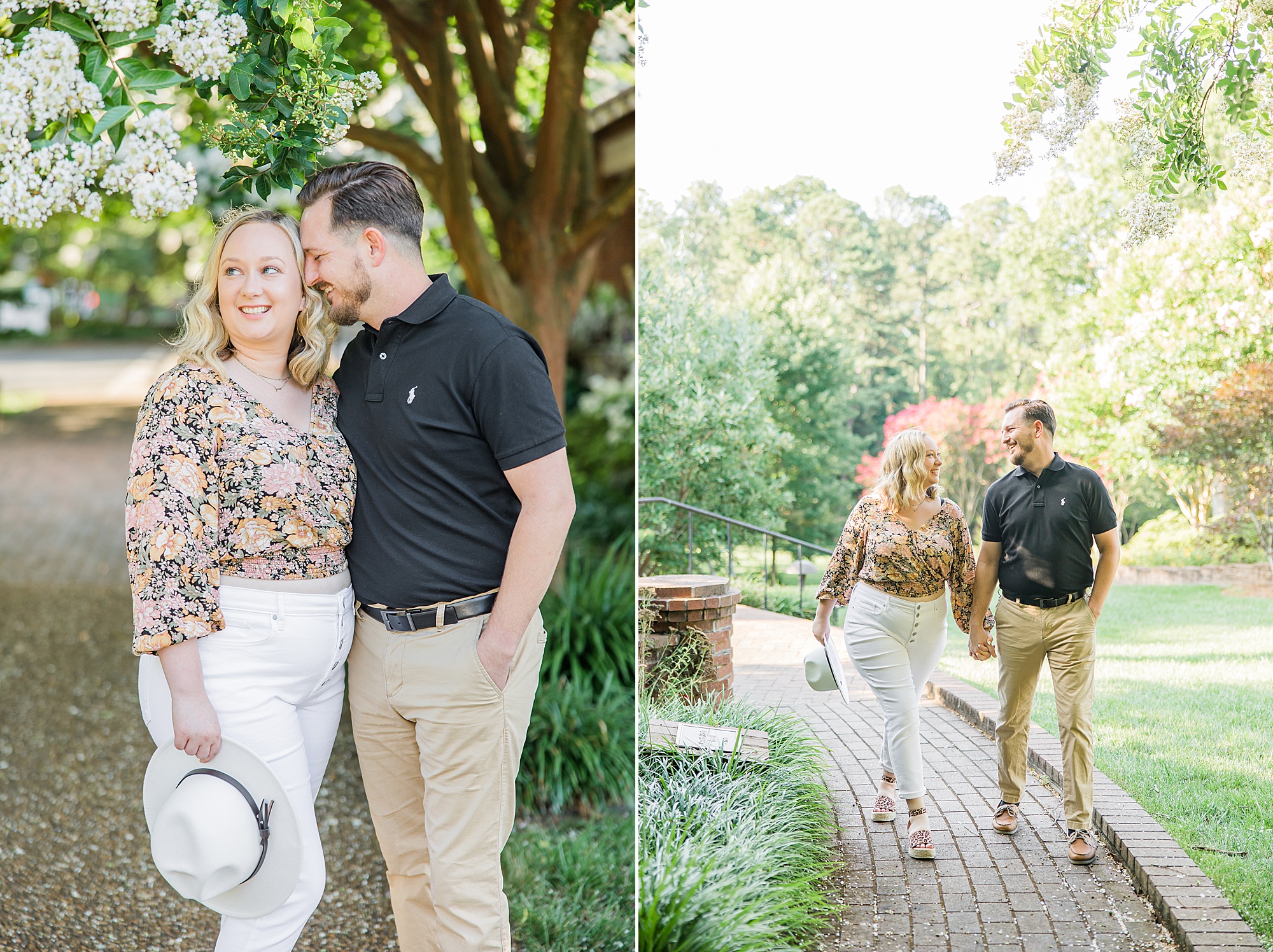 engaged couple walks through Glencairn Garden during engagement photos