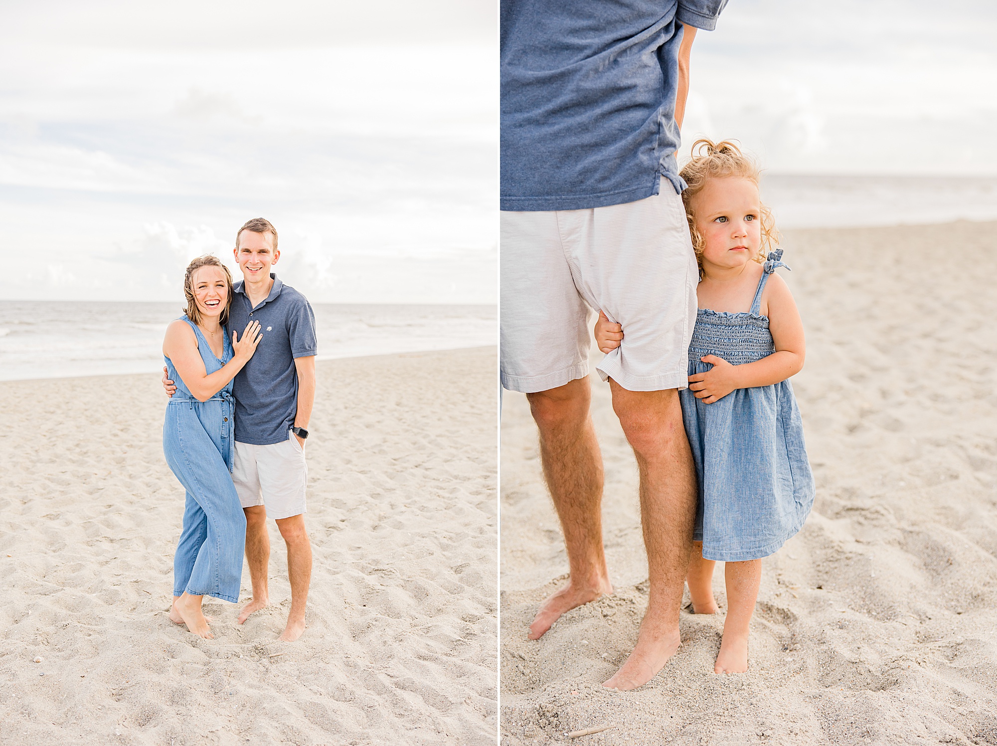 toddler stands with dad during family photos 