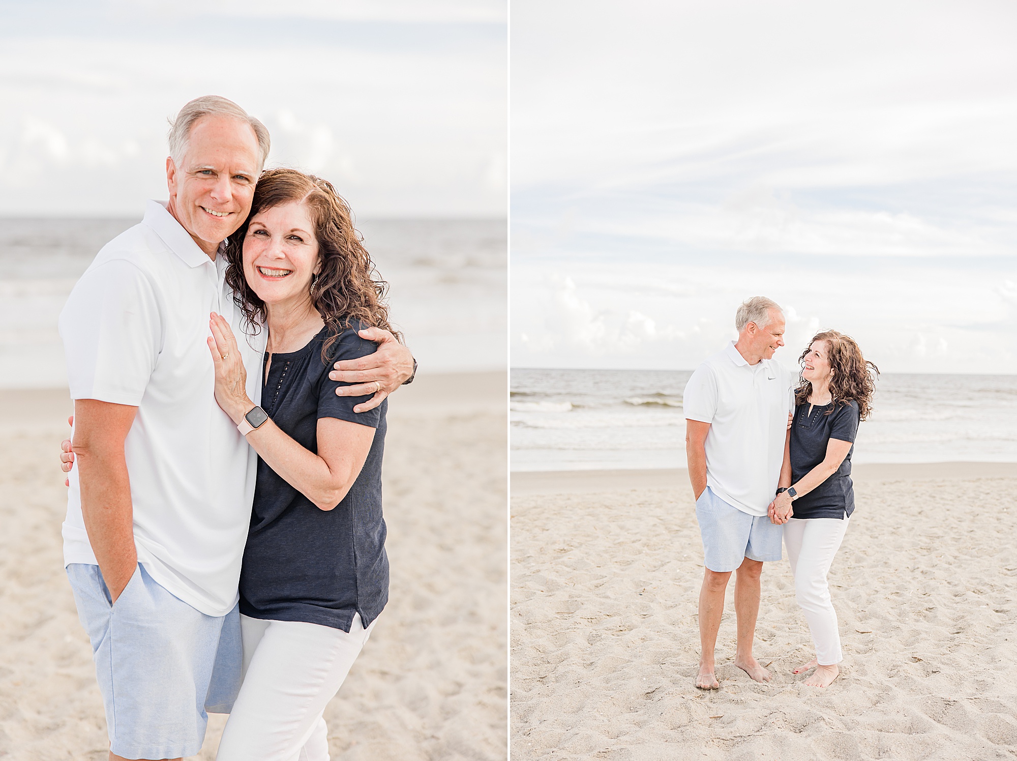 married couple hugs on sand during Holden Beach family photos