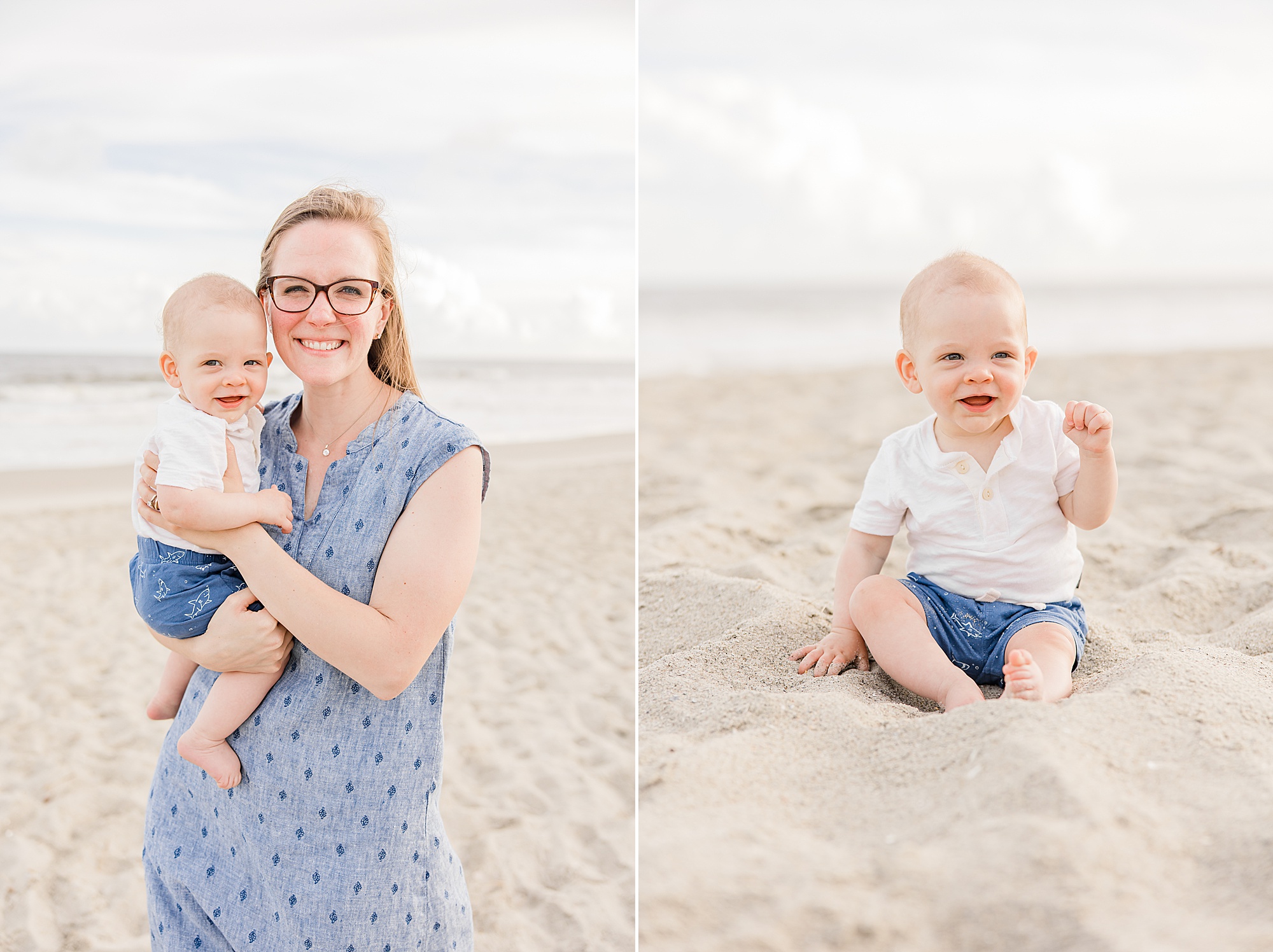 mom holds son during family photos on the beach