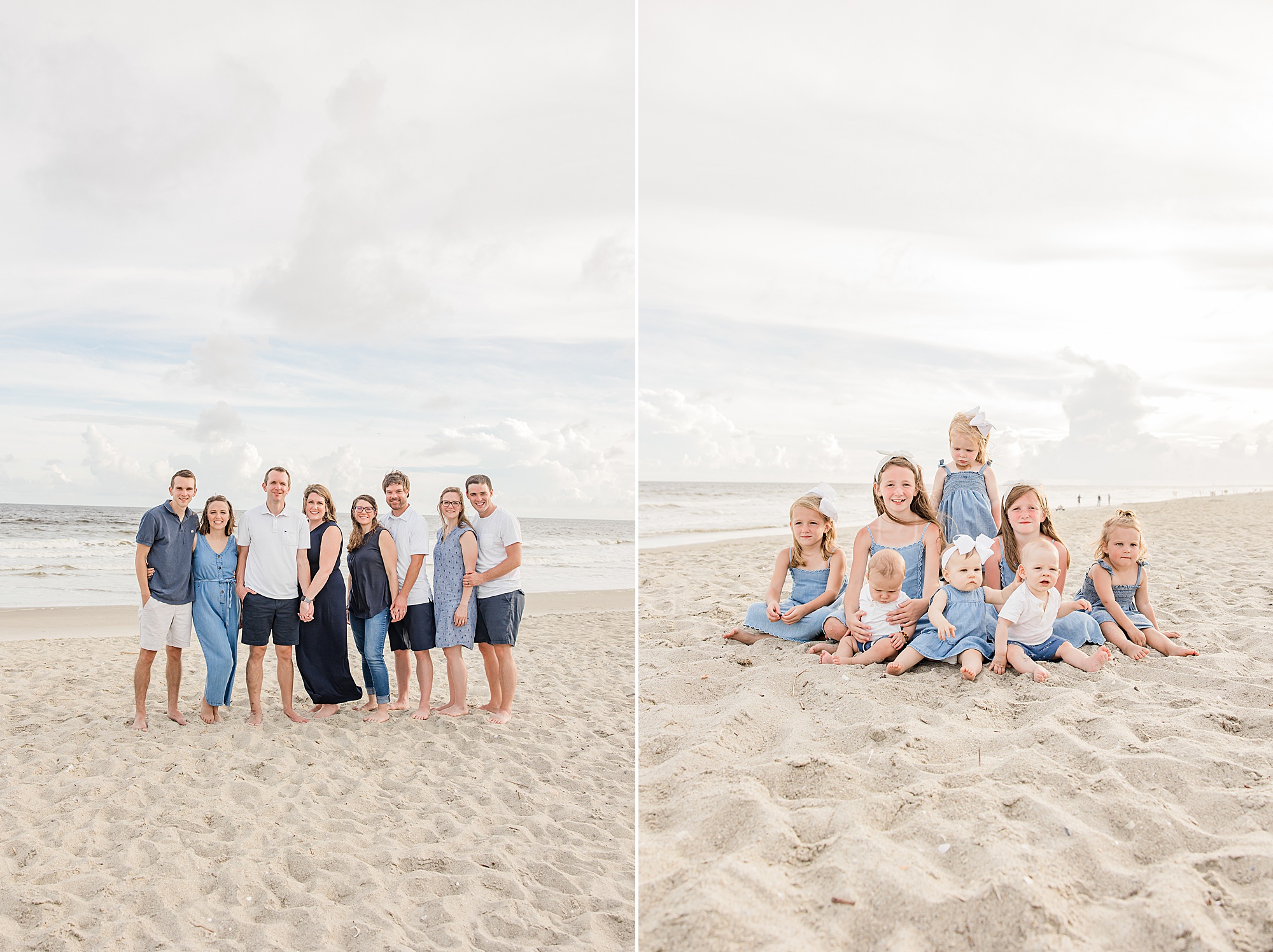 Holden Beach family photos for extended family in blue and white outfits 