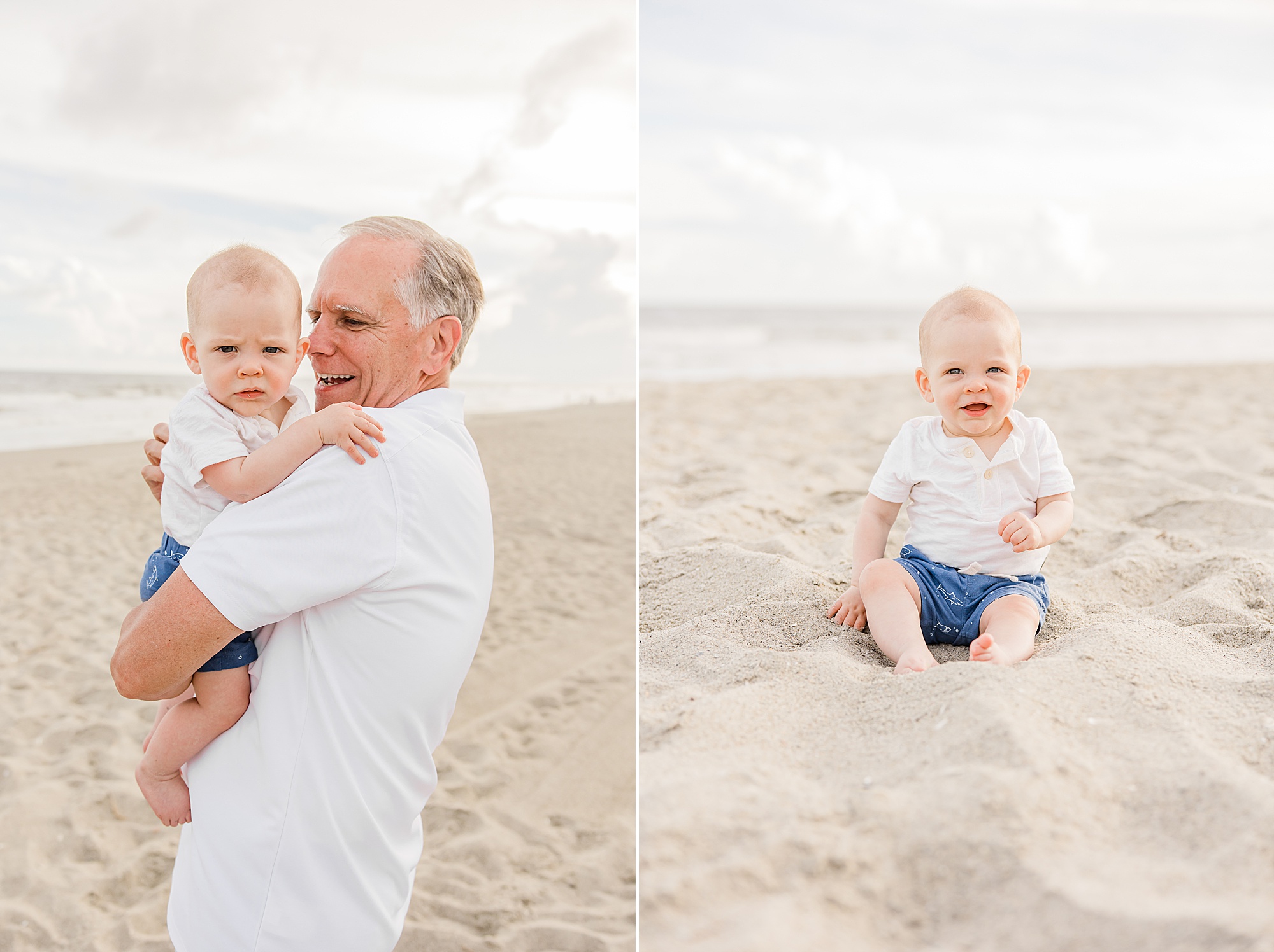 grandfather holds grandson during Holden Beach family photos