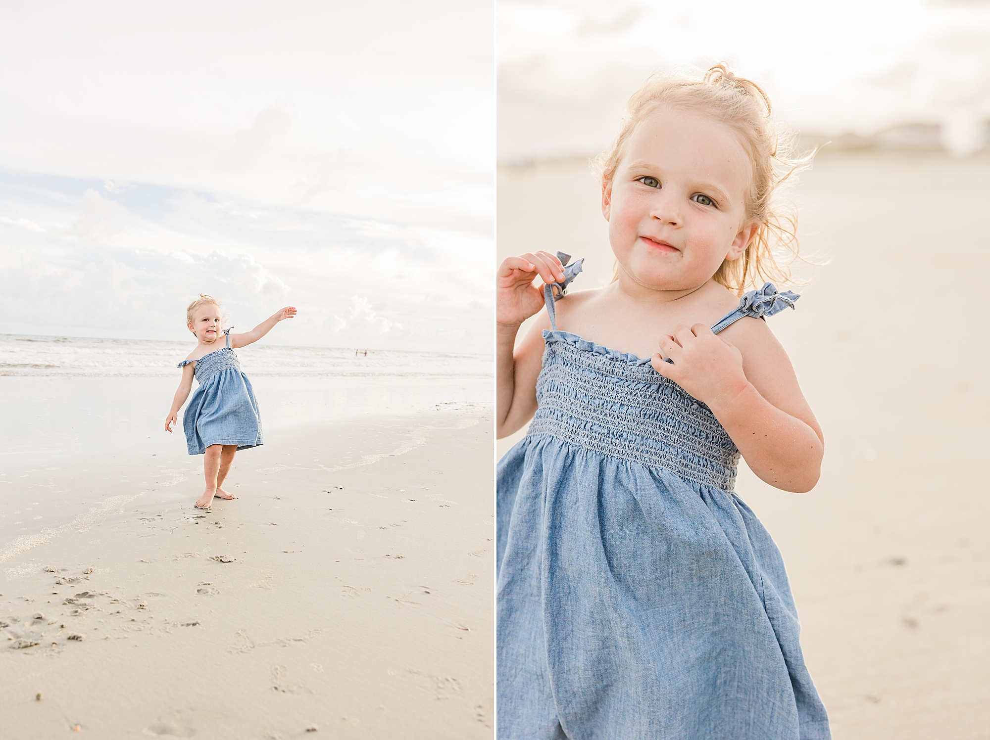 little girl spins on beach during family photos 