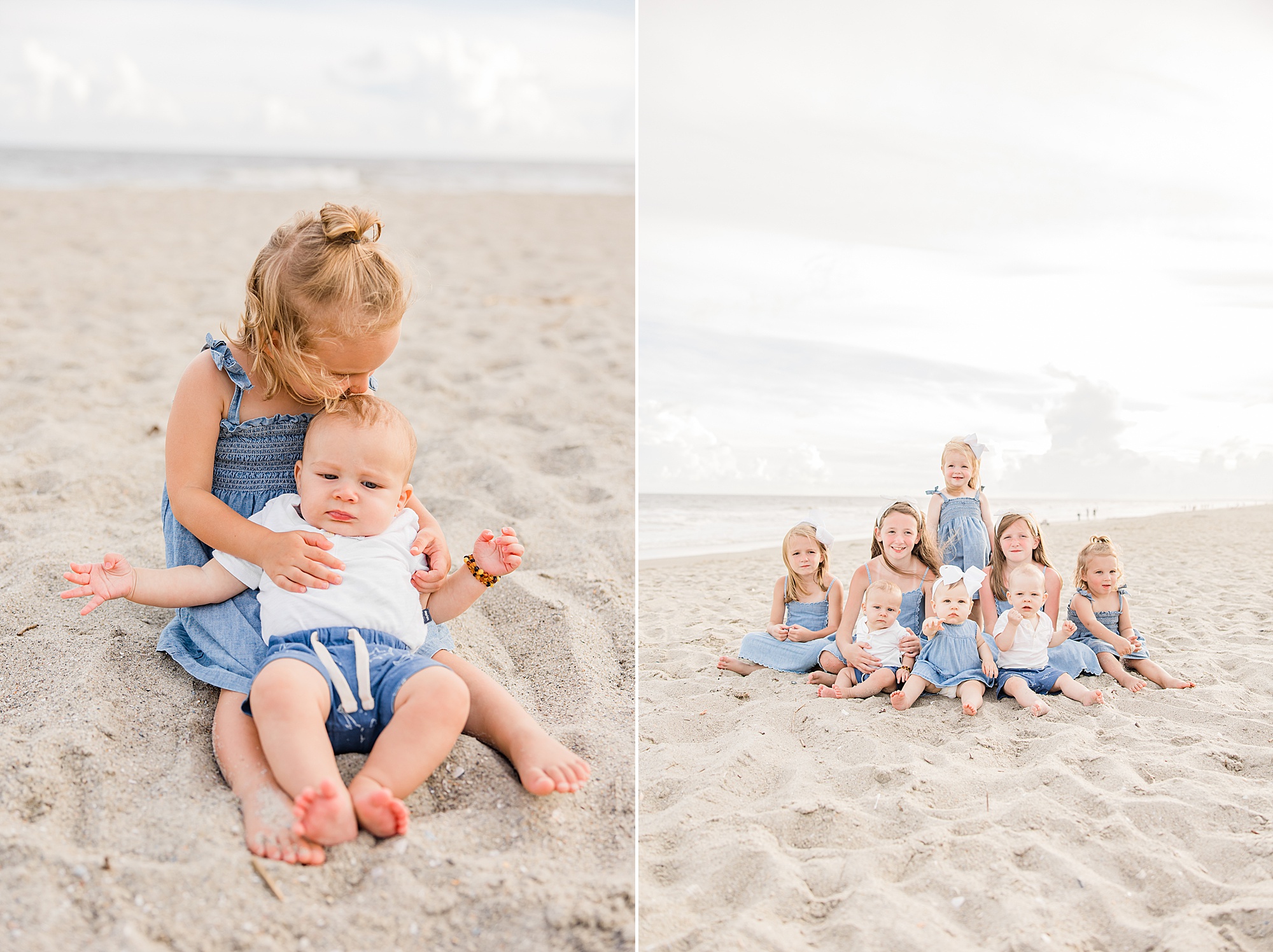 big sister holds toddler on sand during Holden Beach family photos