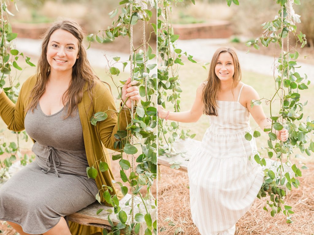 bride and planner sit on ivy covered swing at North Corner Haven