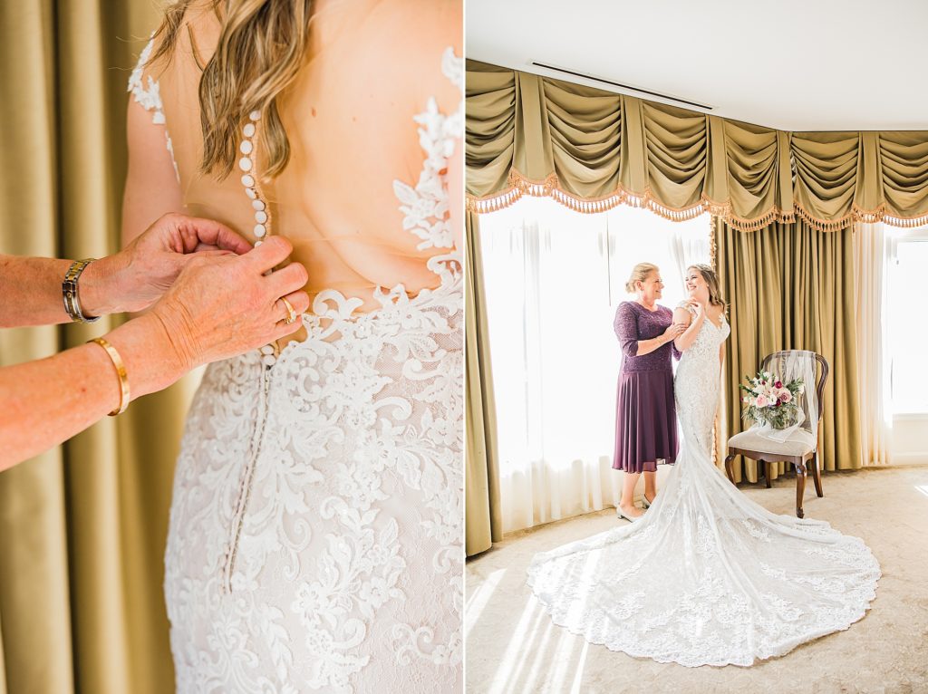mother helps bride with wedding gown before fall Biltmore Estate wedding