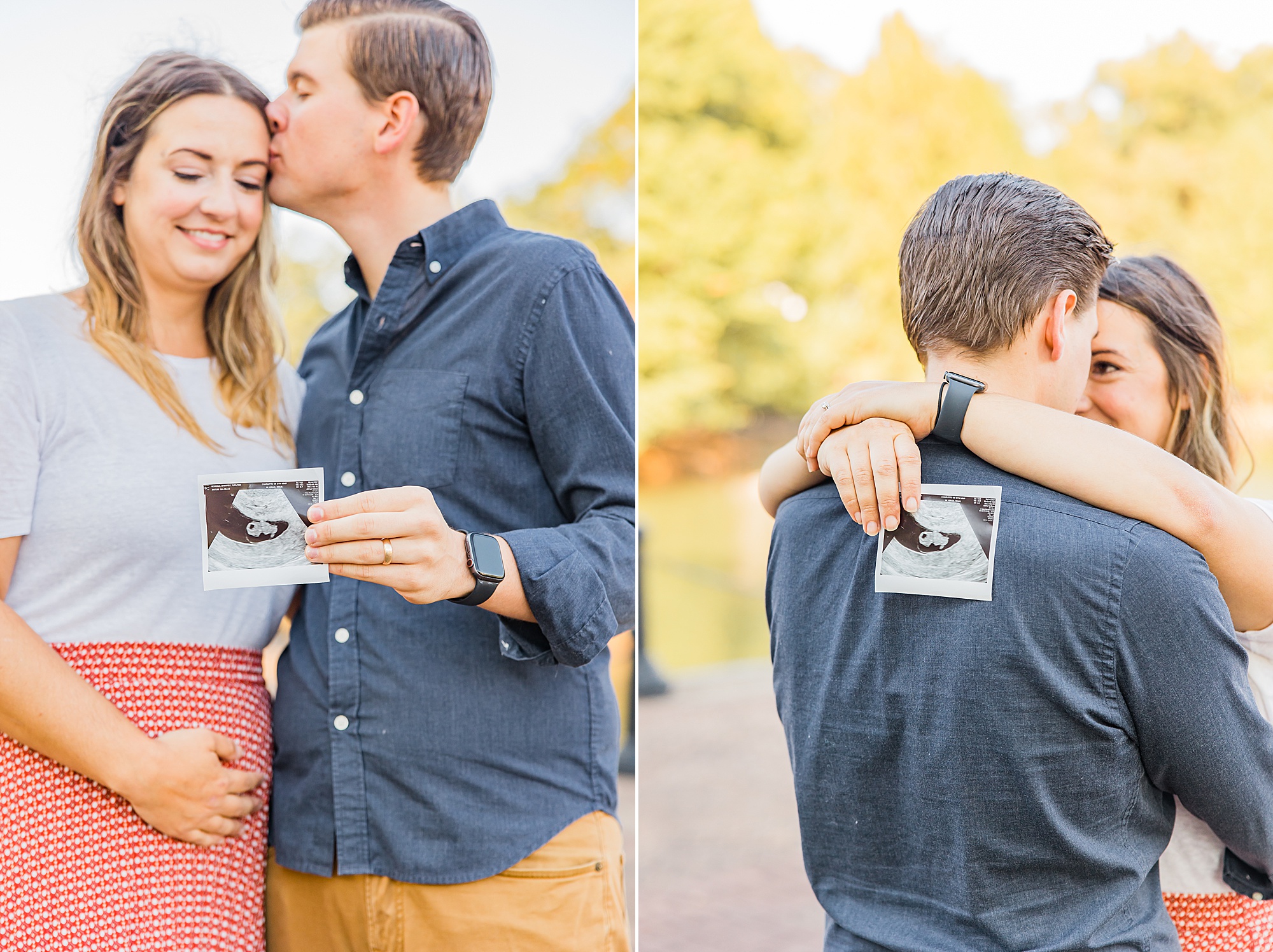 married couple holds sonogram standing in Spartanburg SC park