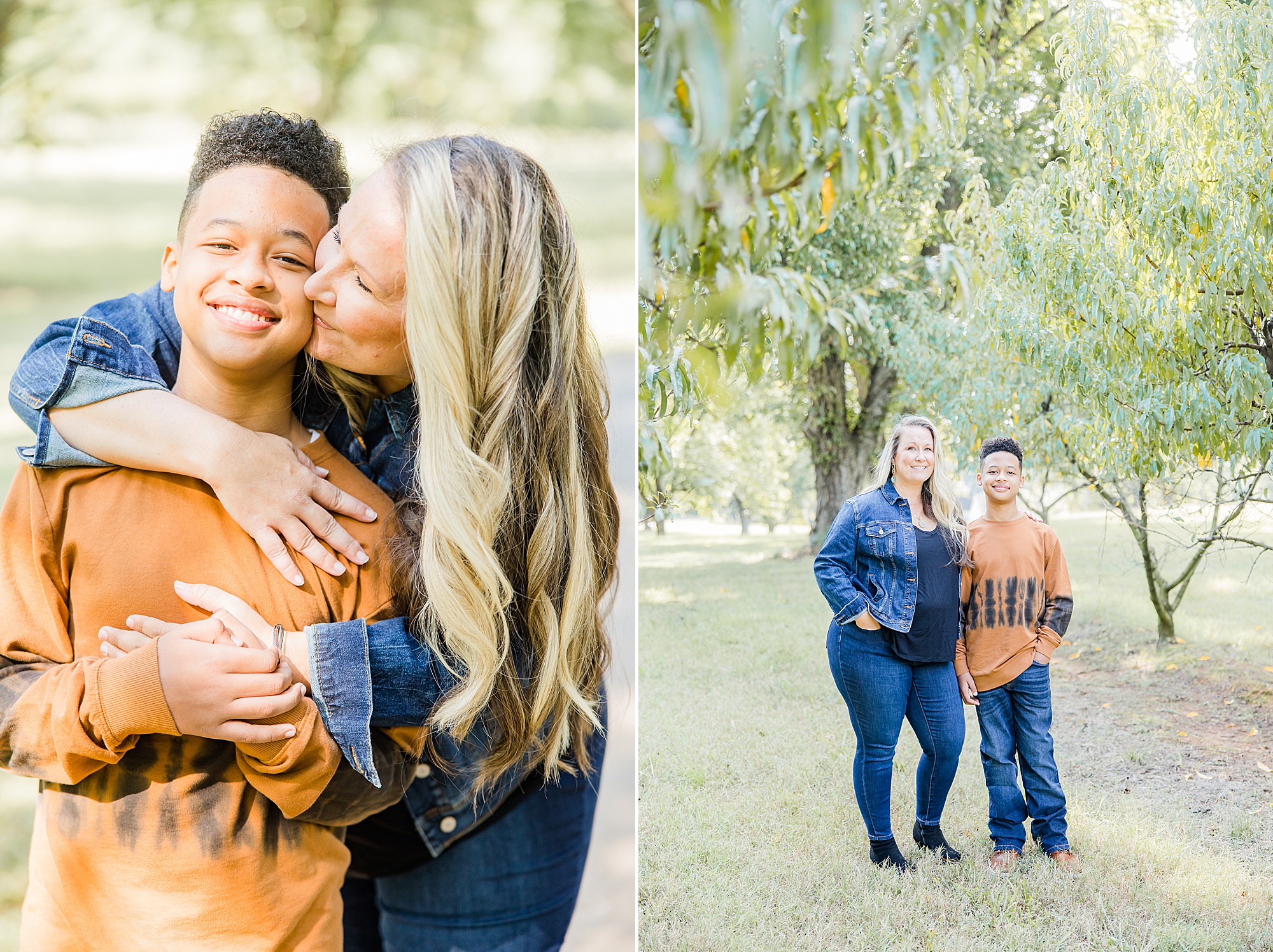 mom hugs son from behind during fall Charlotte family portraits