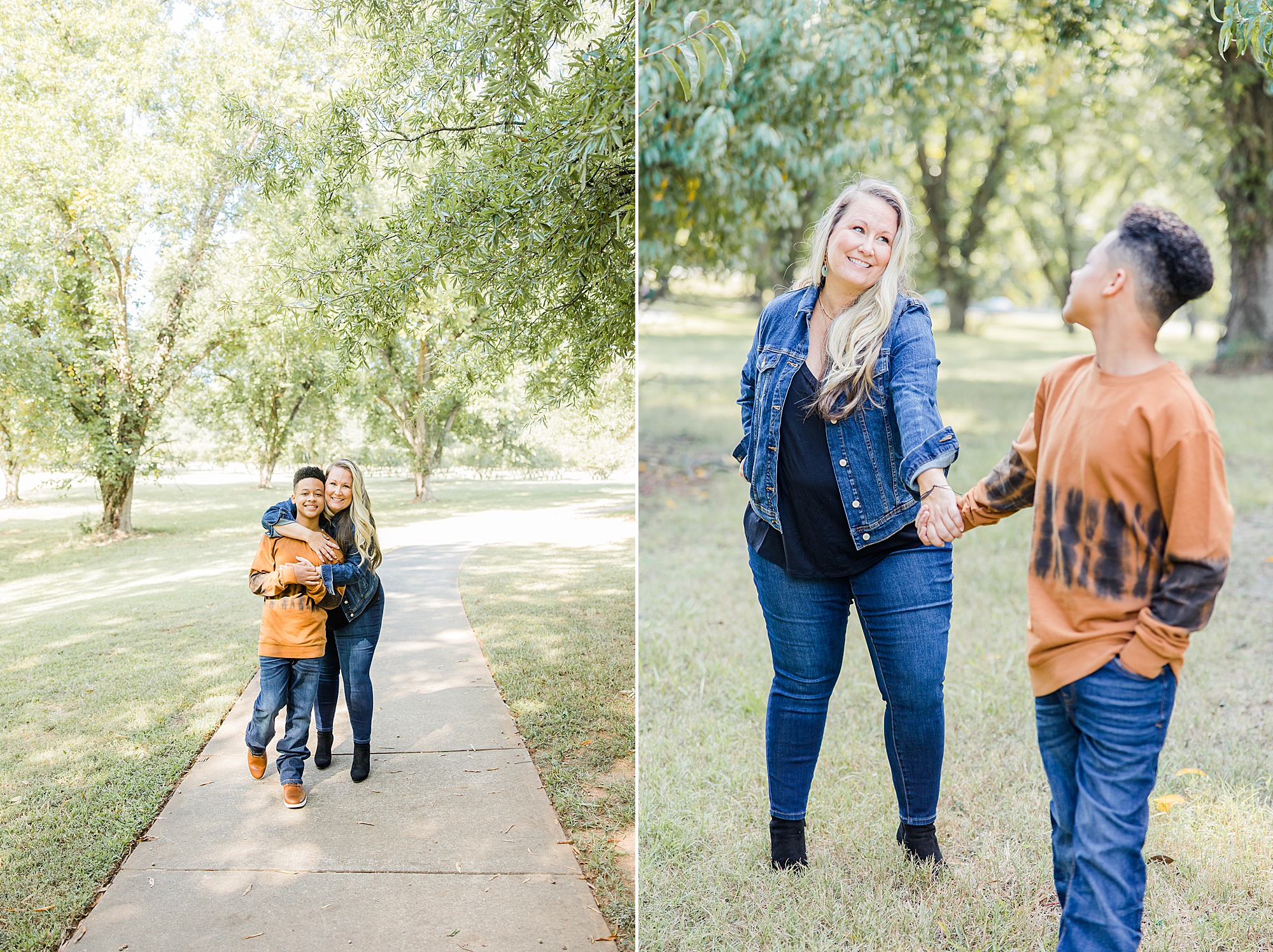 mom and son play during fall Charlotte family portraits