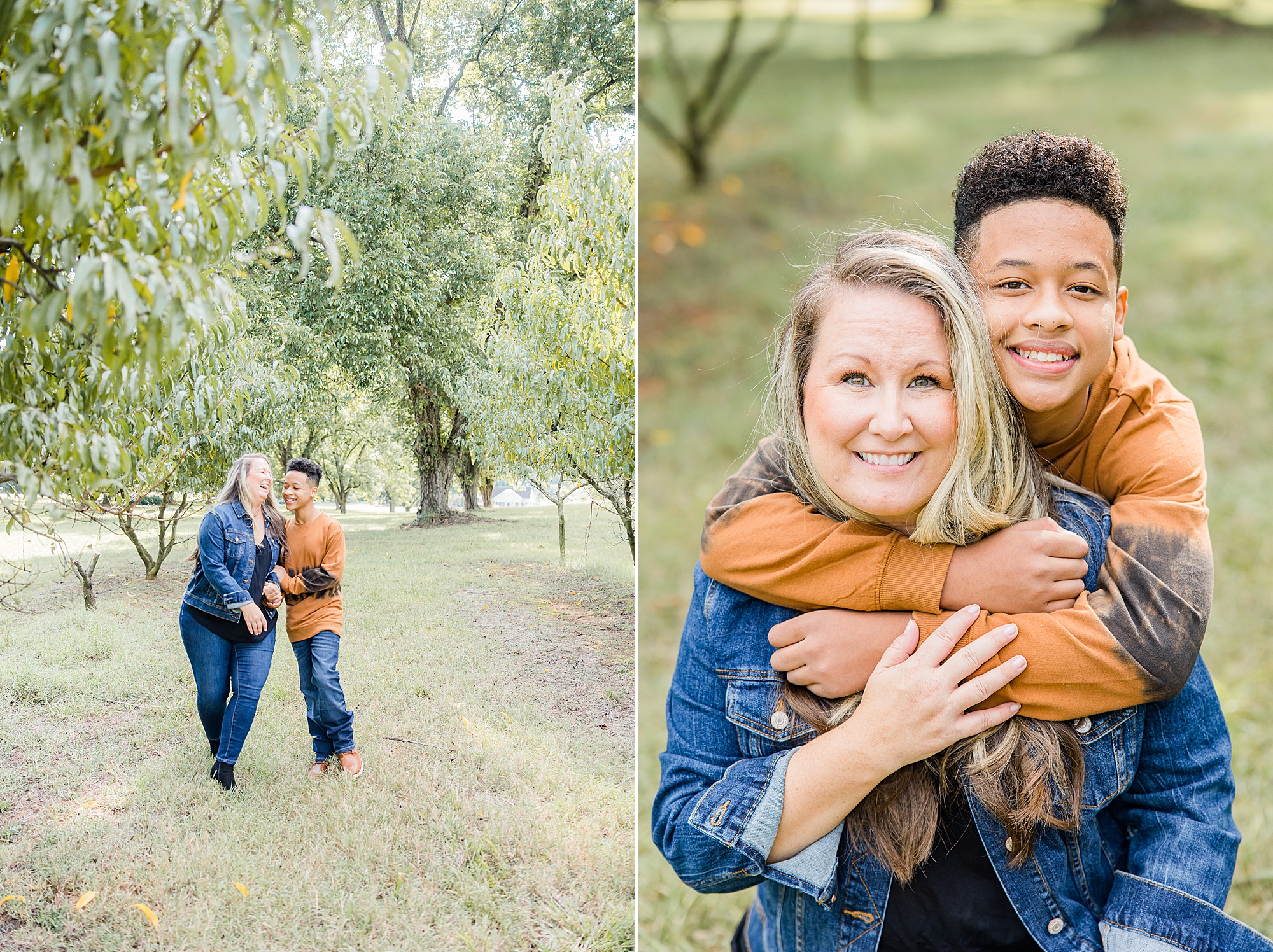son hugs mom from behind during fall Charlotte family portraits