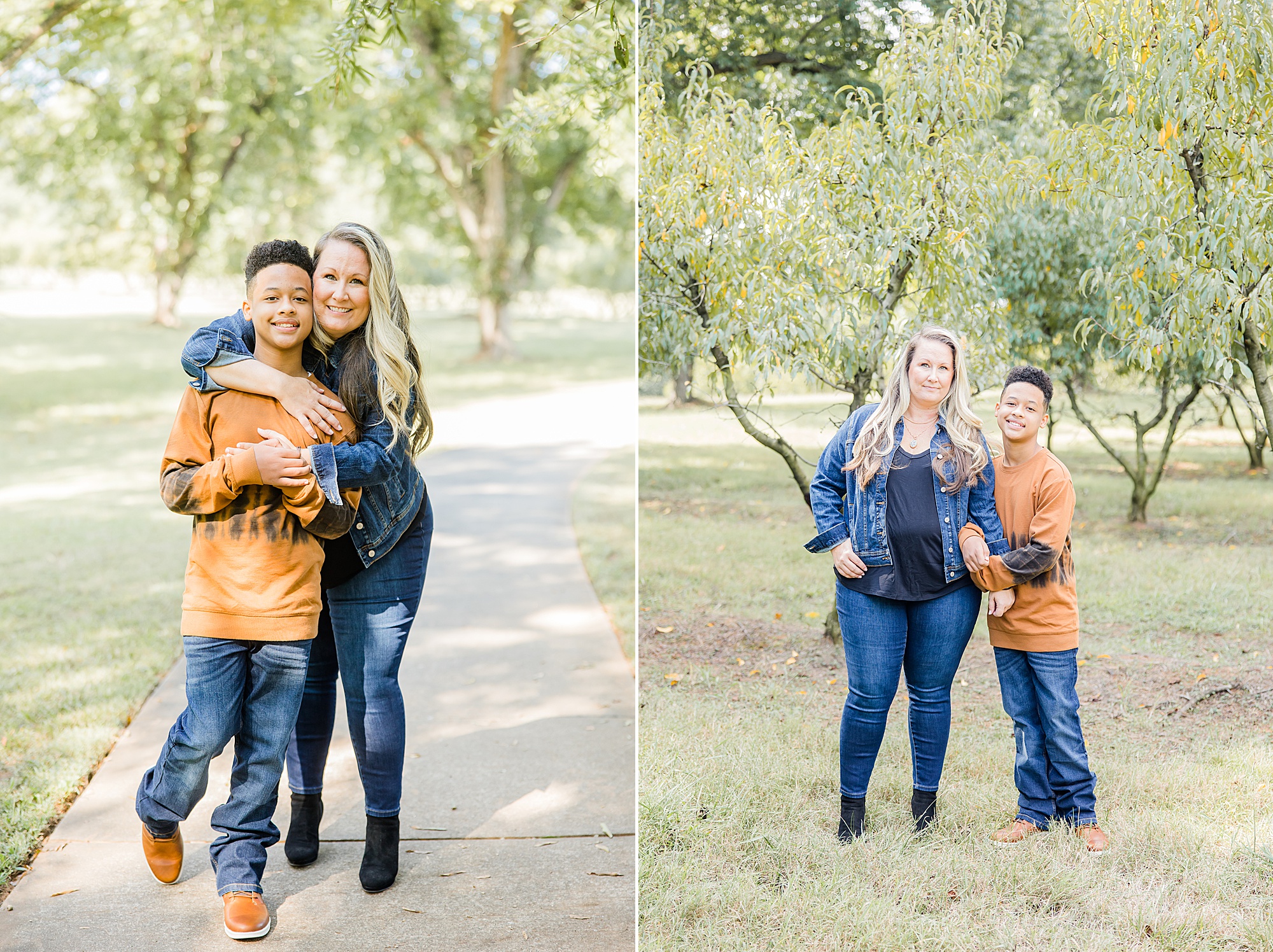 mom and son hang together during fall Charlotte family portraits