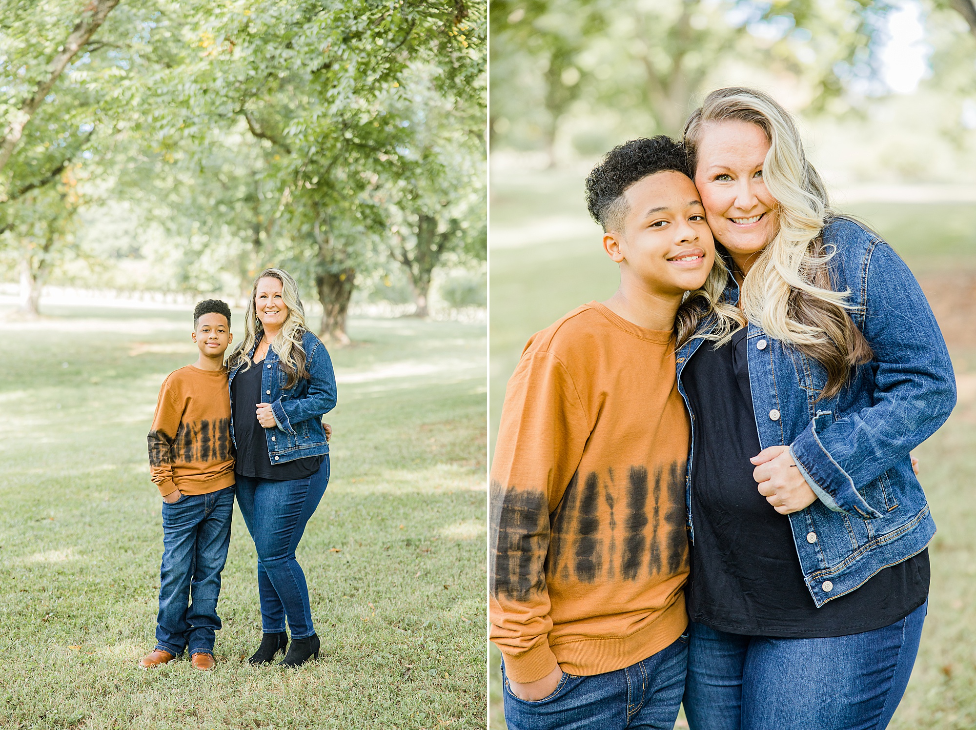 mom hugs son during fall Charlotte family portraits