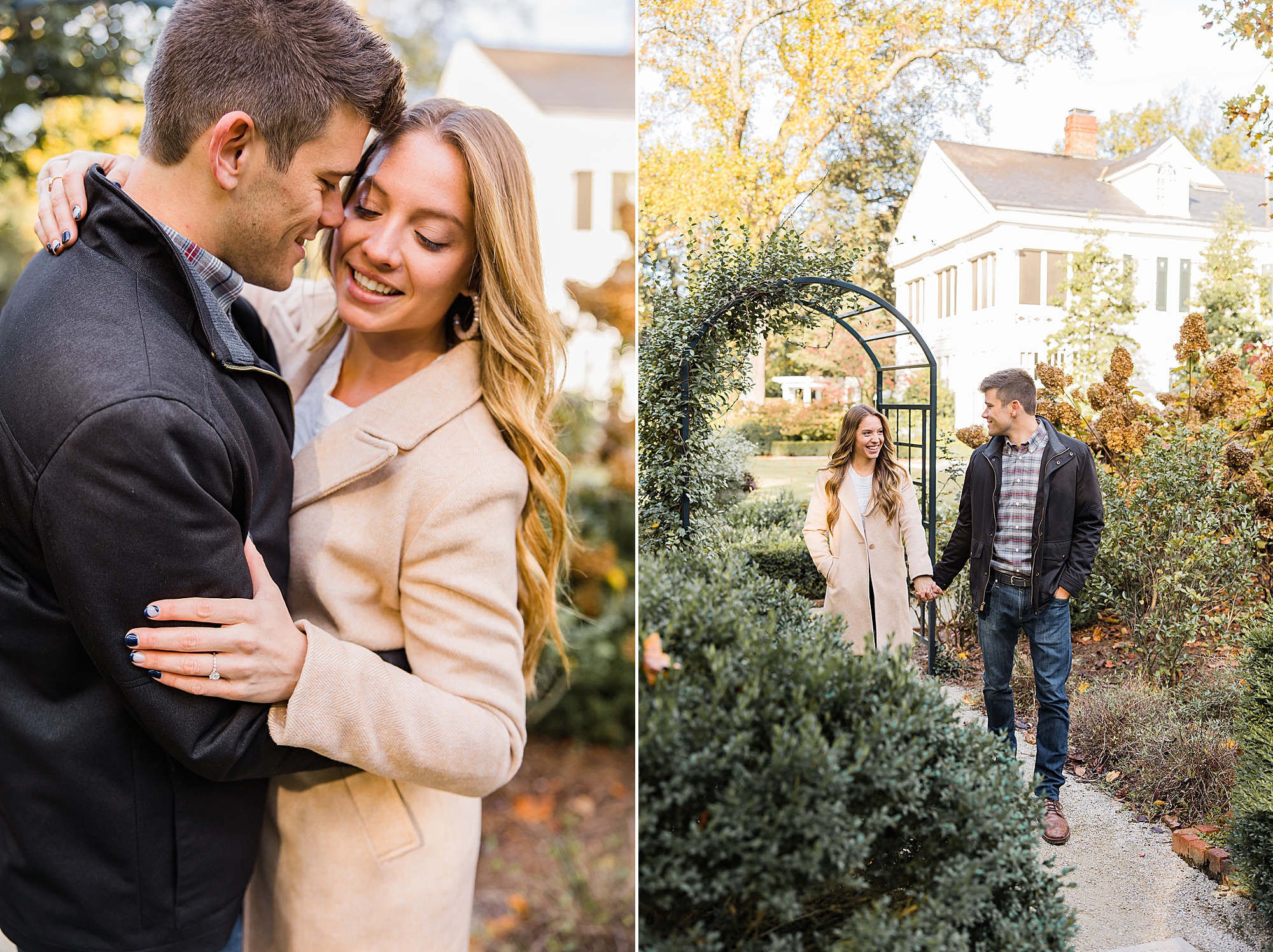 bride and groom walk through Duke Mansion gardens after proposal