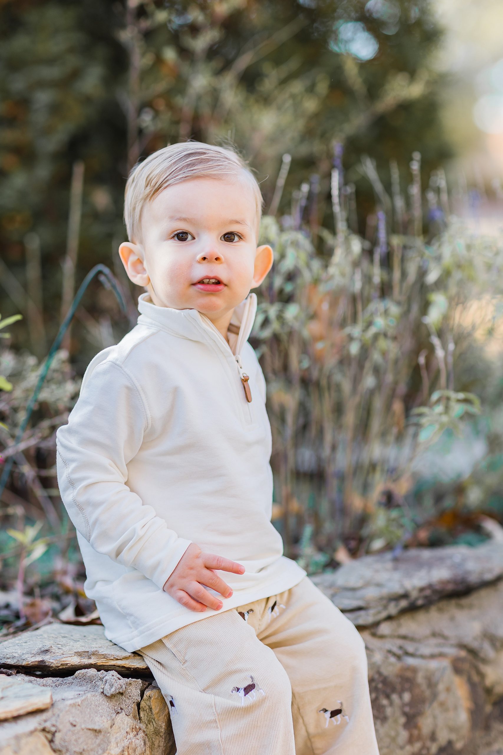 toddler sits on edge of garden in white sweater