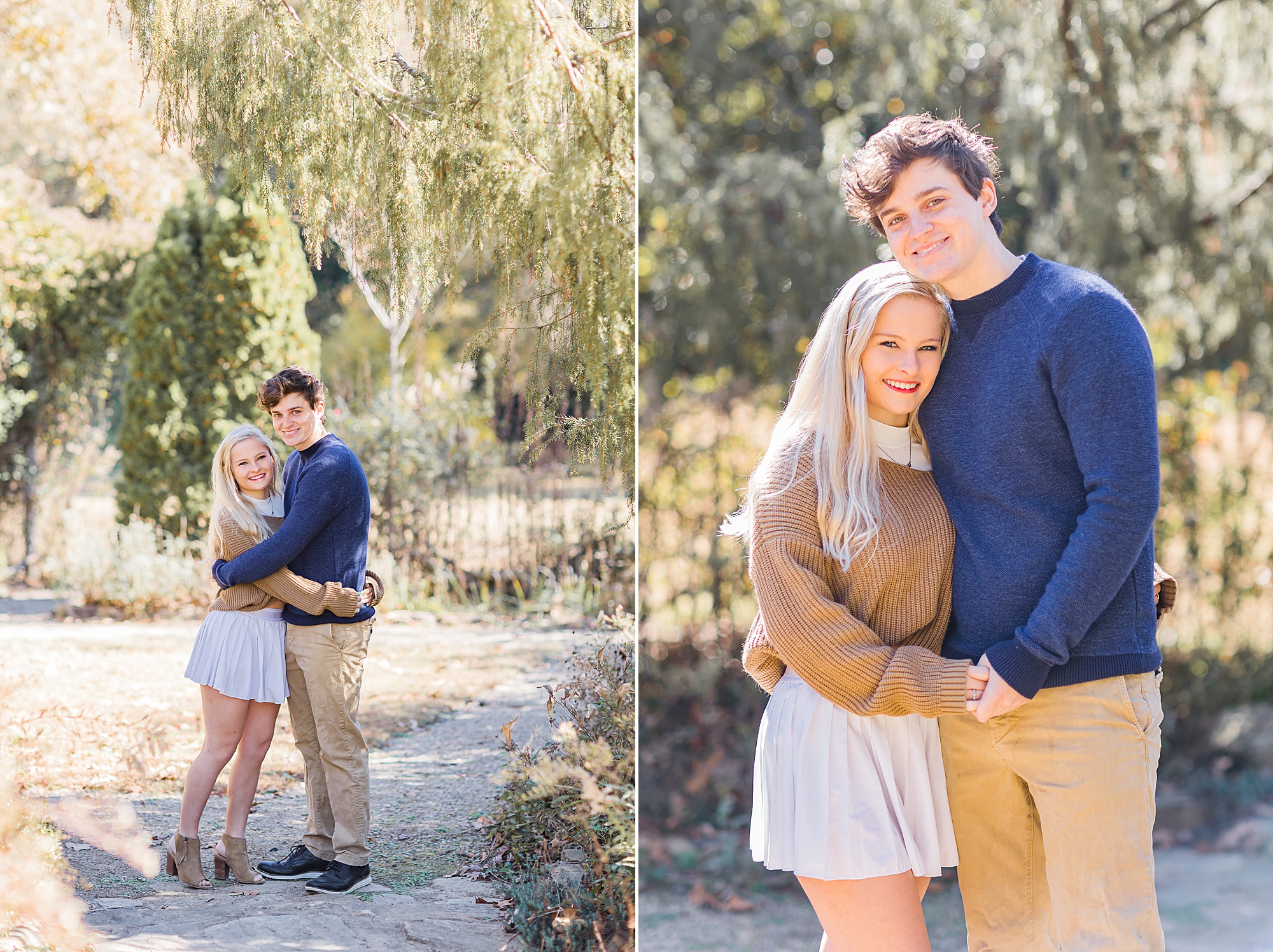 young couple hugs during fall portraits in Lancaster SC
