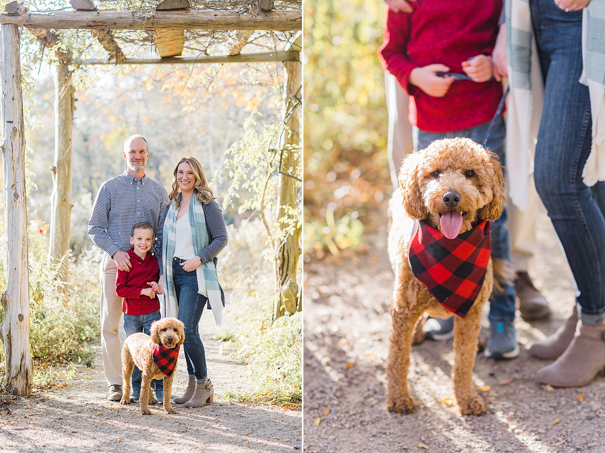 couple poses with son and dog during fall mini sessions in Lancaster SC