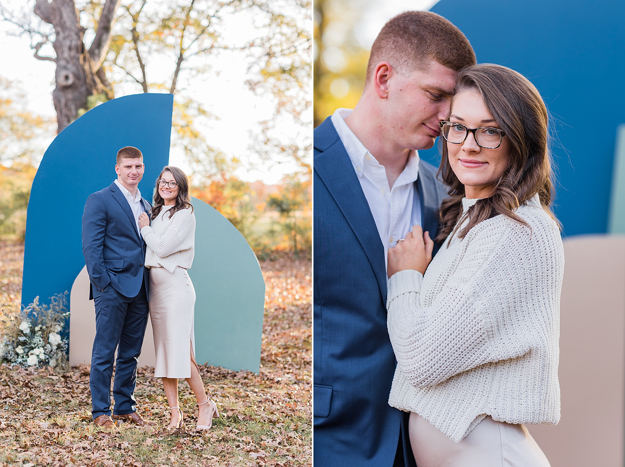 bride and groom pose by blue backdrop during mini session in Lancaster SC