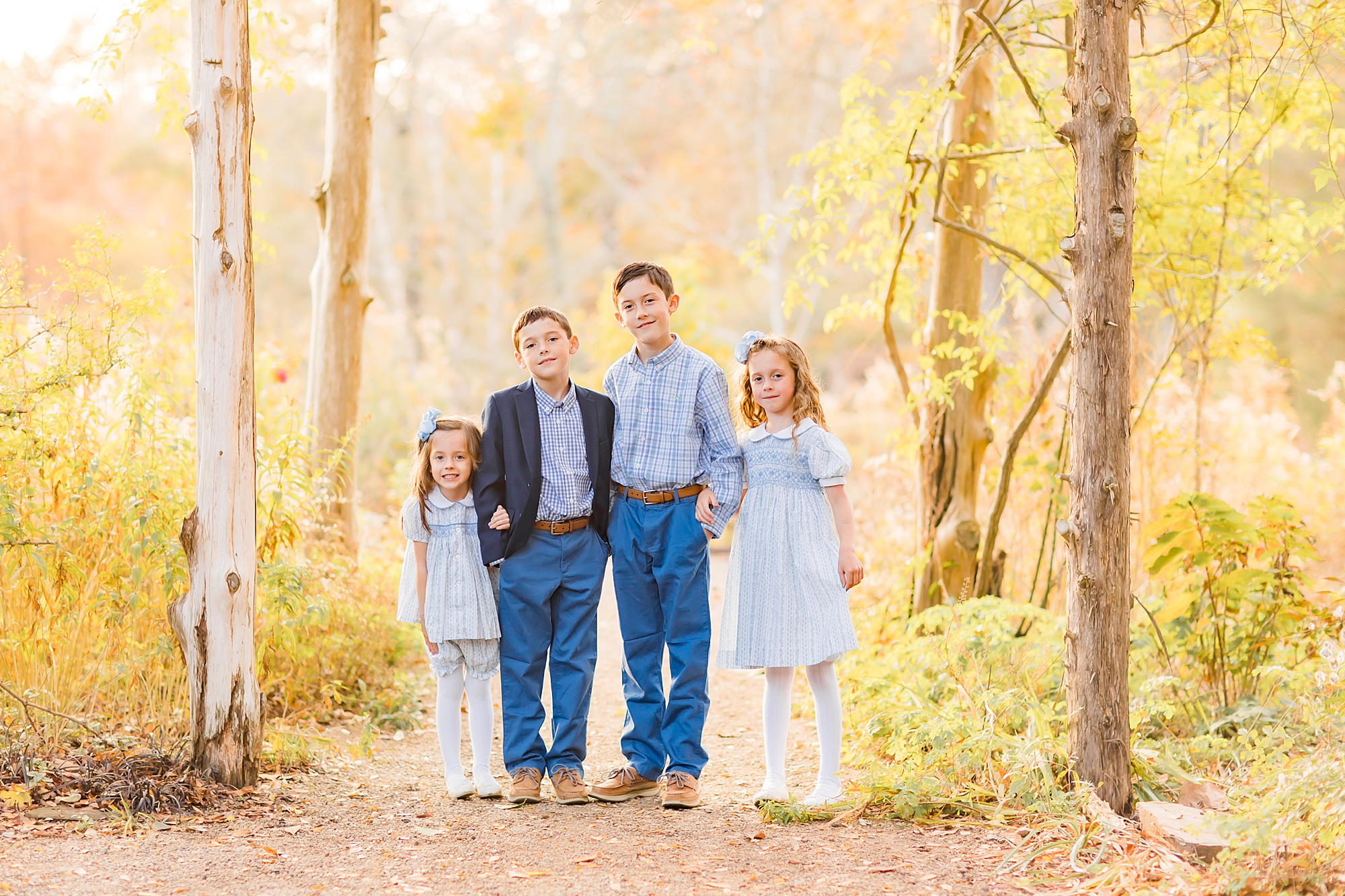 four siblings hold hands in the woods at The Ivy Place