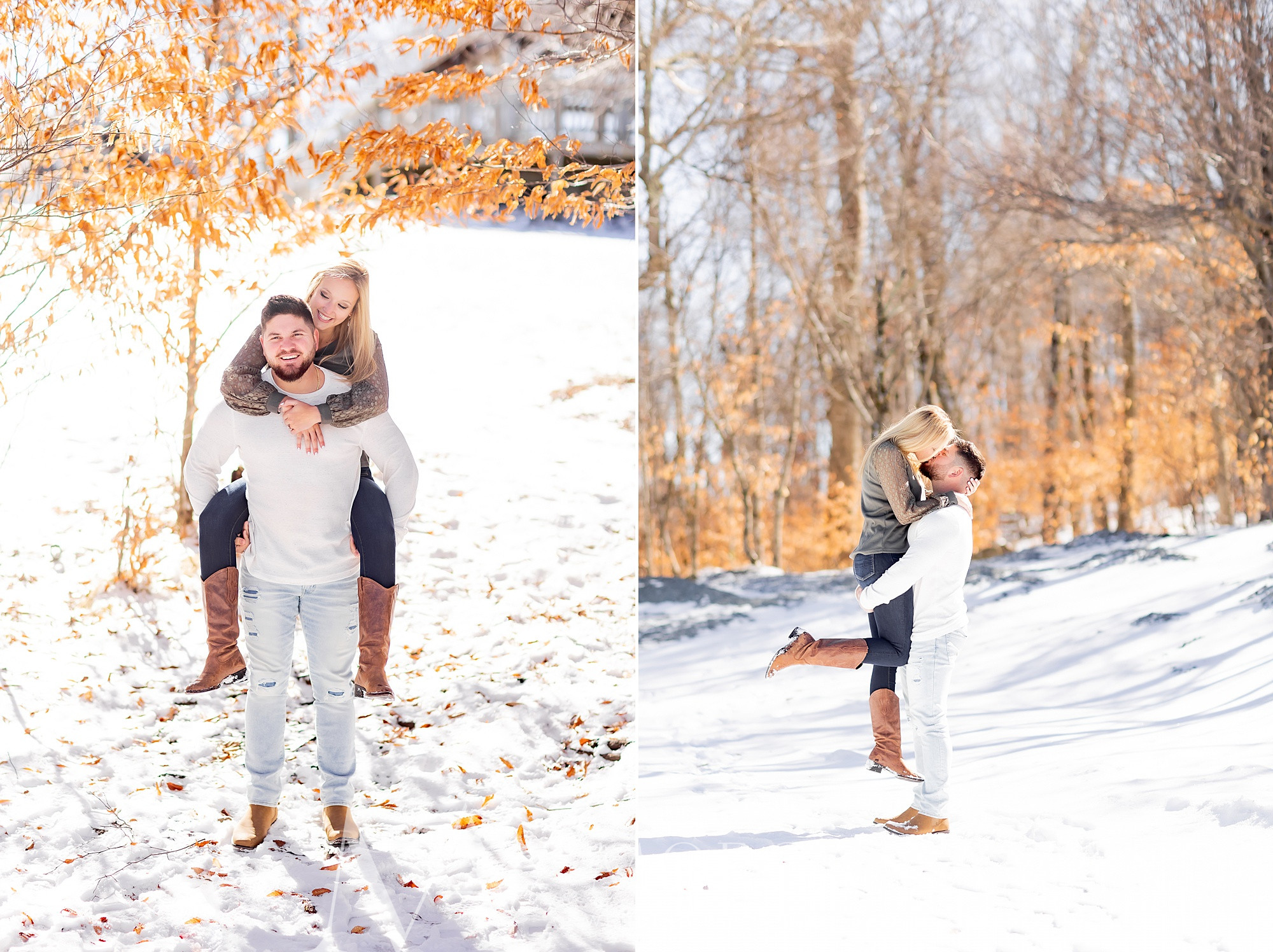 bride and groom play in snow during Beech Mountain engagement session