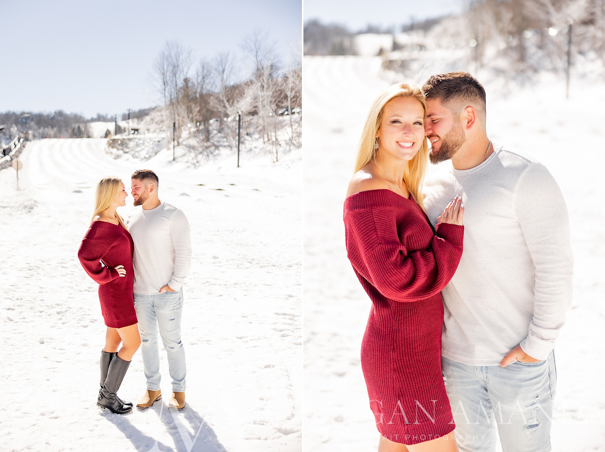 engaged copule poses in the snow during winter Beech Mountain engagement session