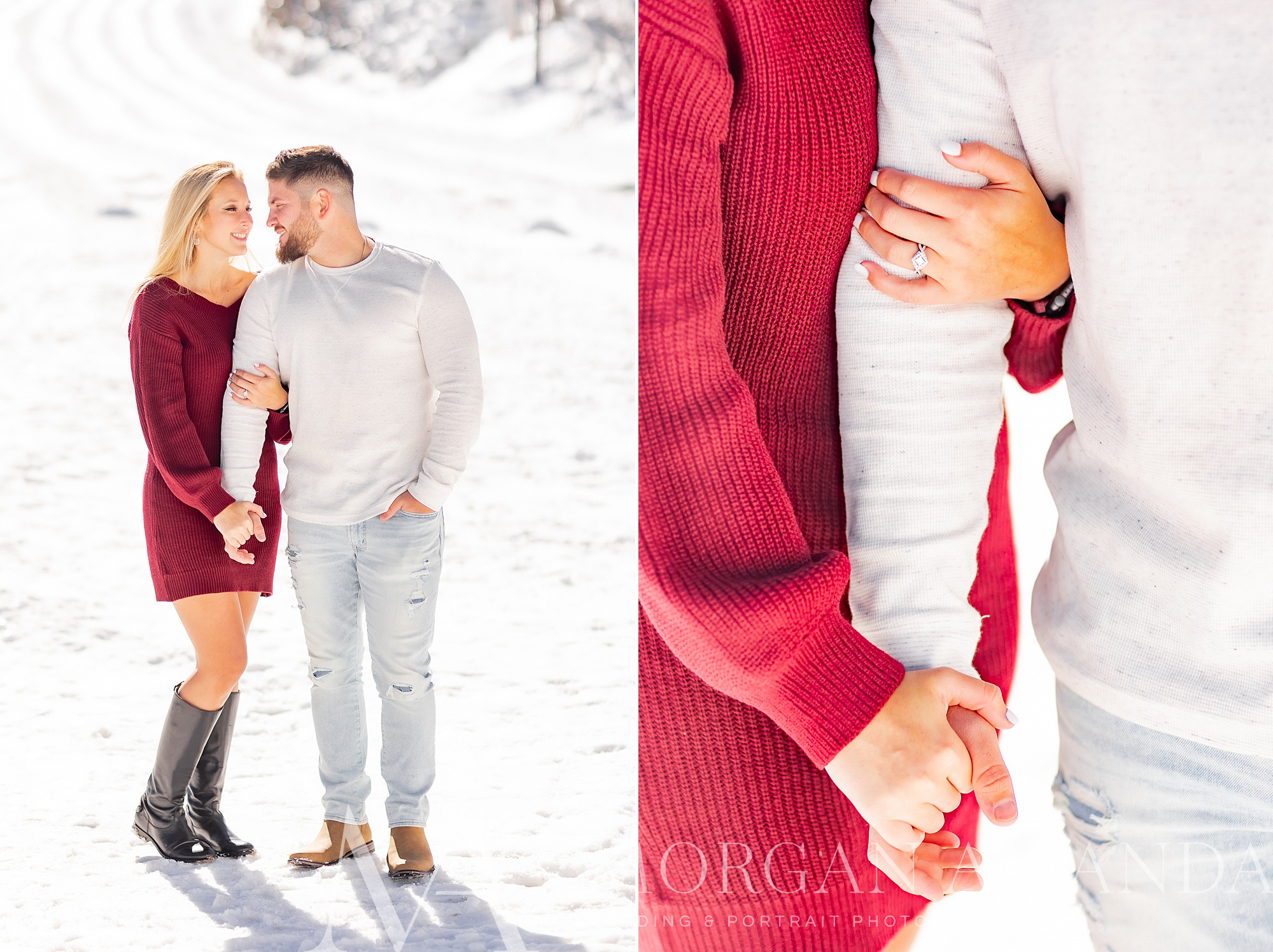 engaged couple poses on snow slopes at Beech Mountain