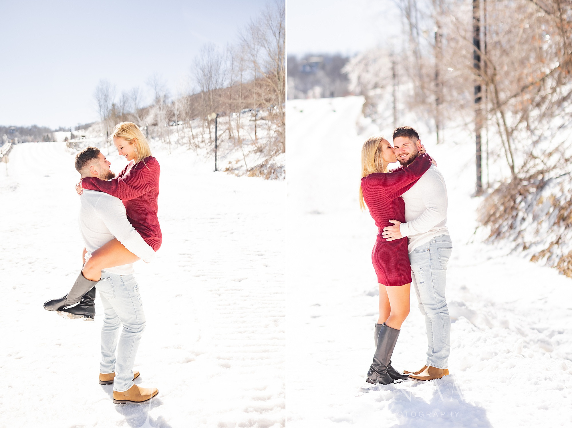 engaged couple kisses on mountain side during winter session