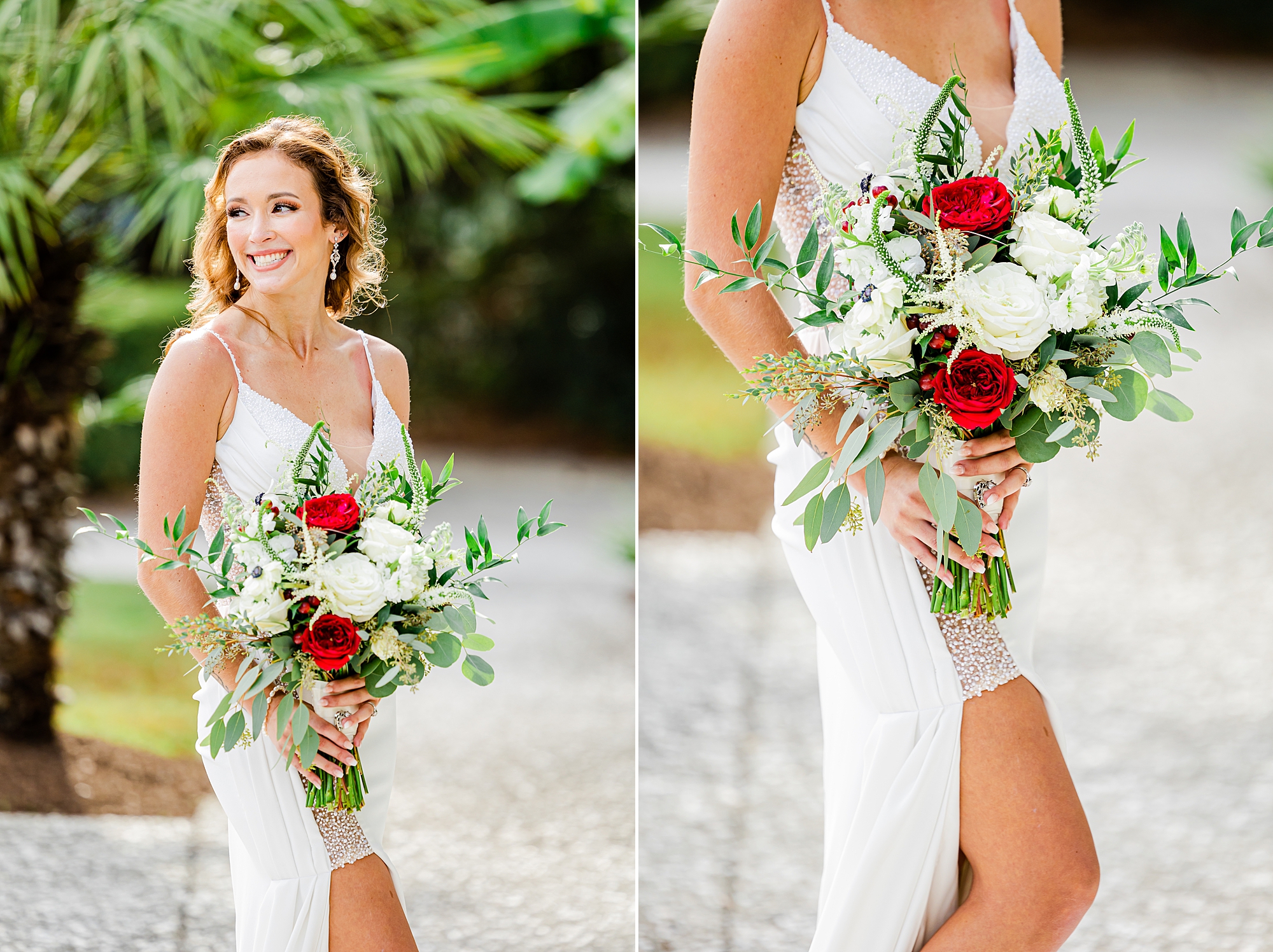 bride holds bouquet of white and red flowers for Charleston wedding