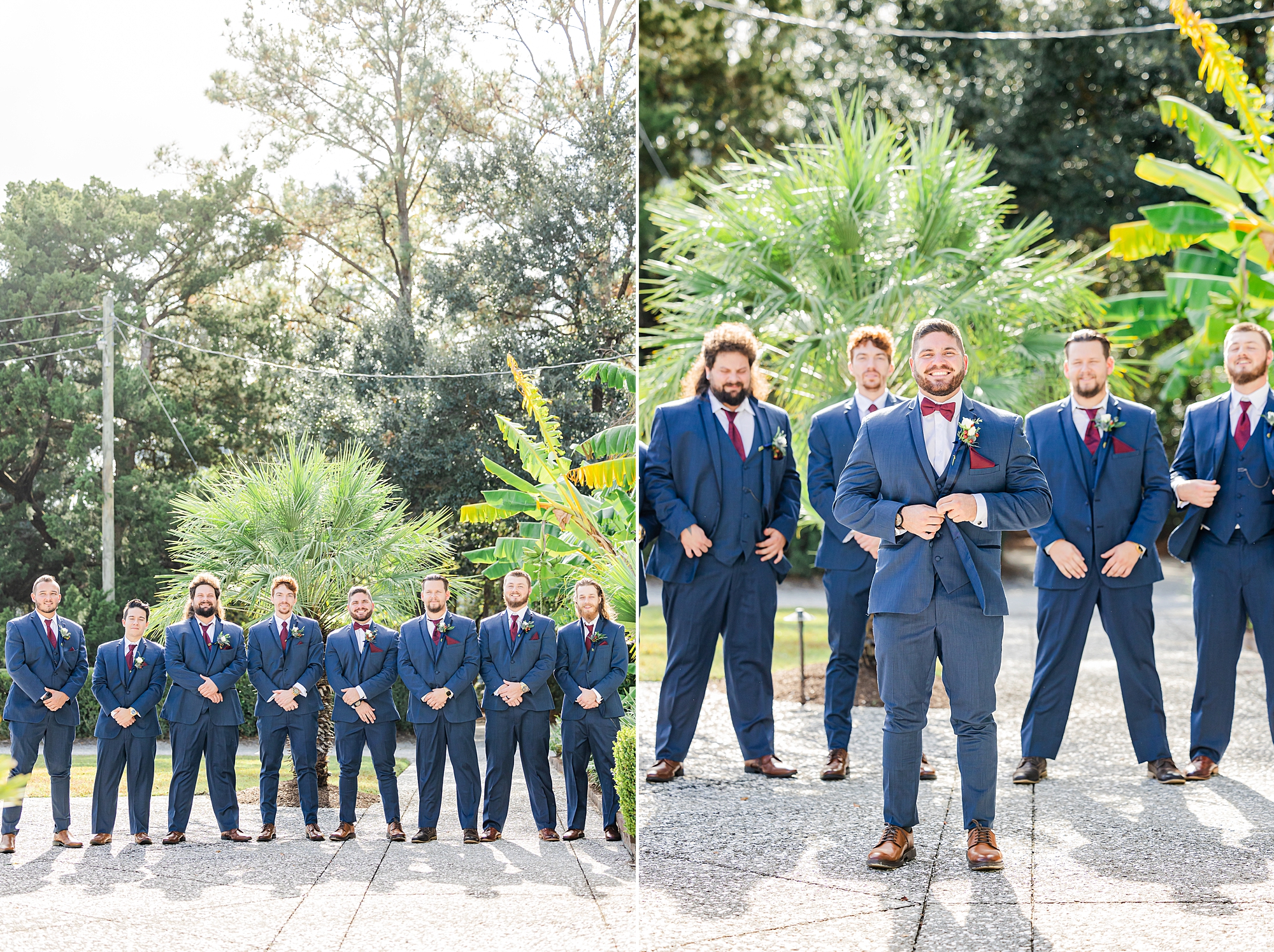 groom and groomsmen pose in navy suits outside The Island House 