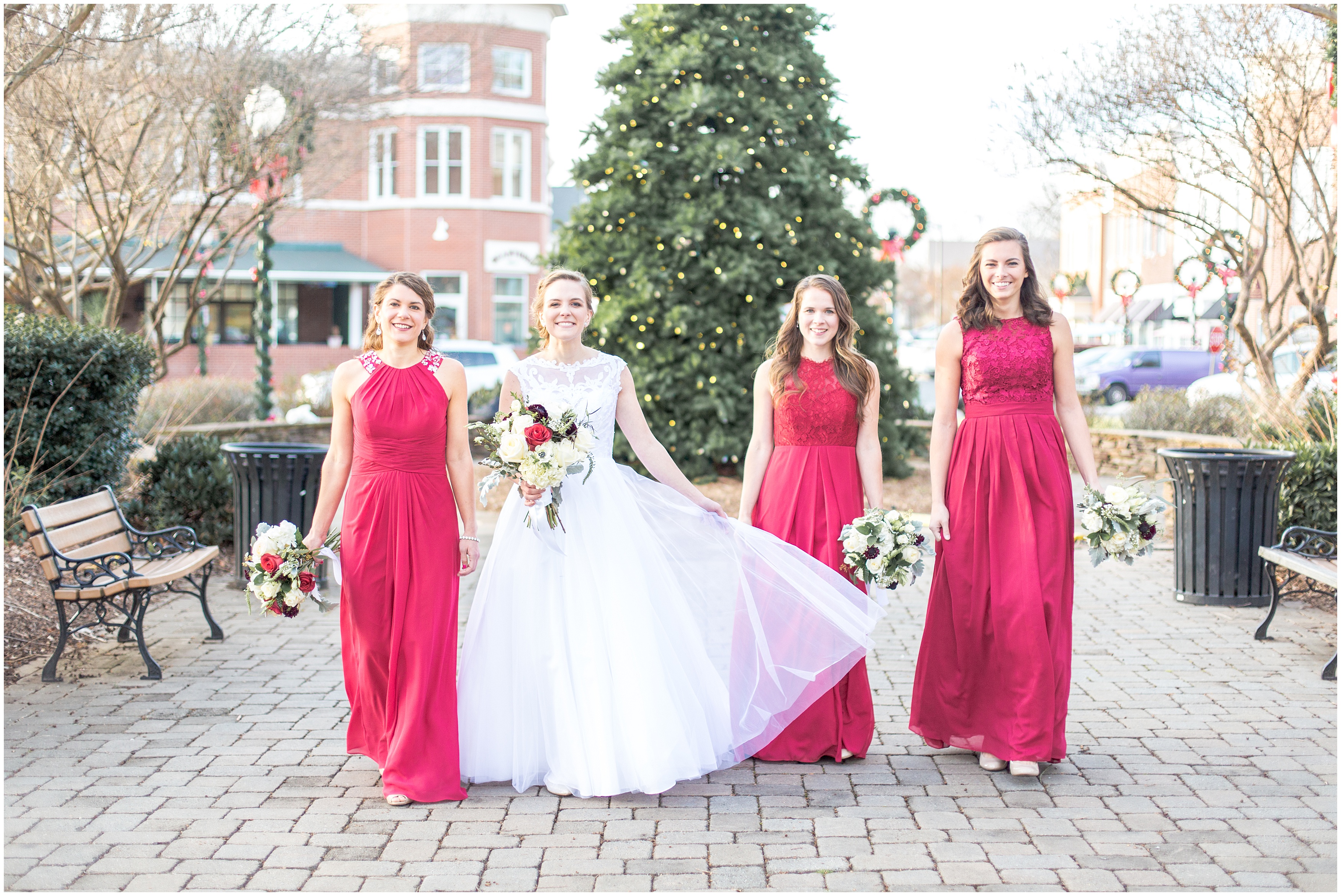 bride + bridesmaids in red during winter NC wedding
