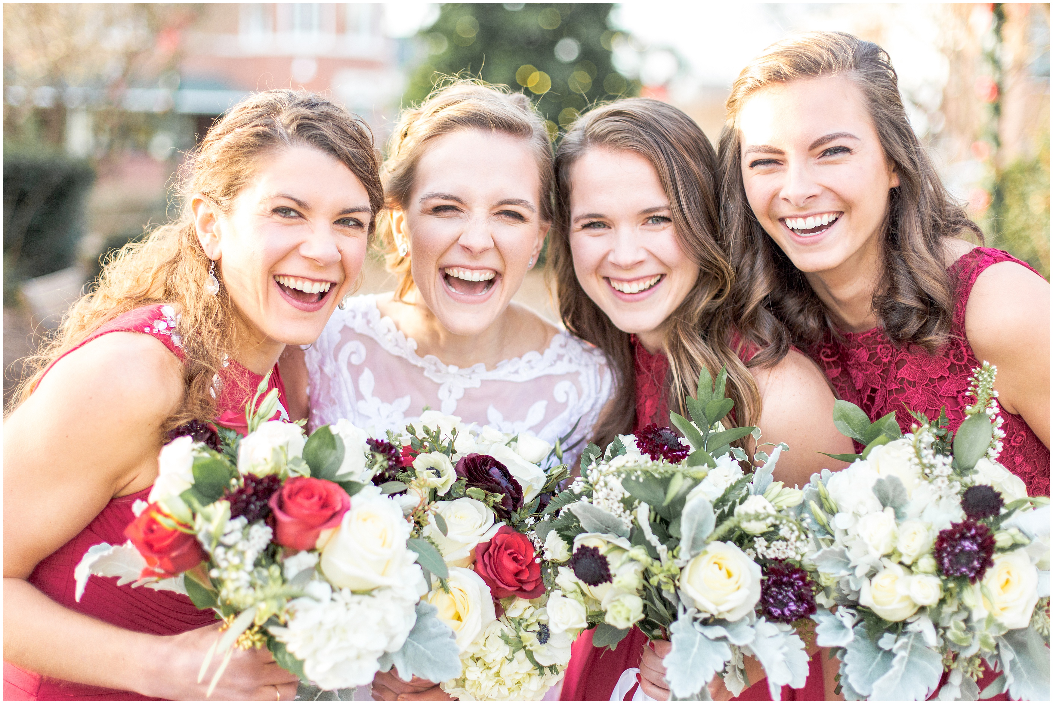 bride + bridesmaids in red during winter wedding