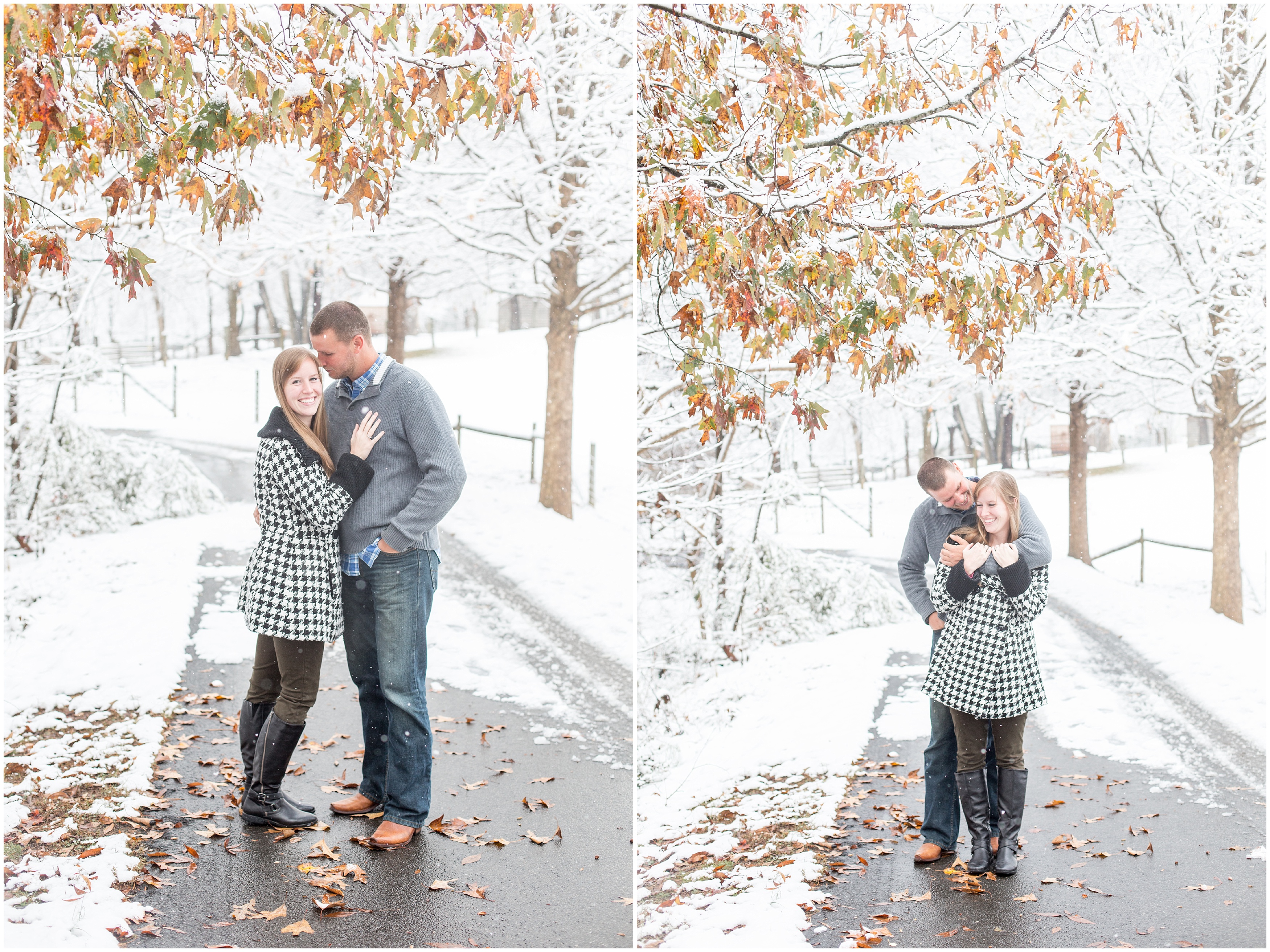 couple kiss under tree in the snow