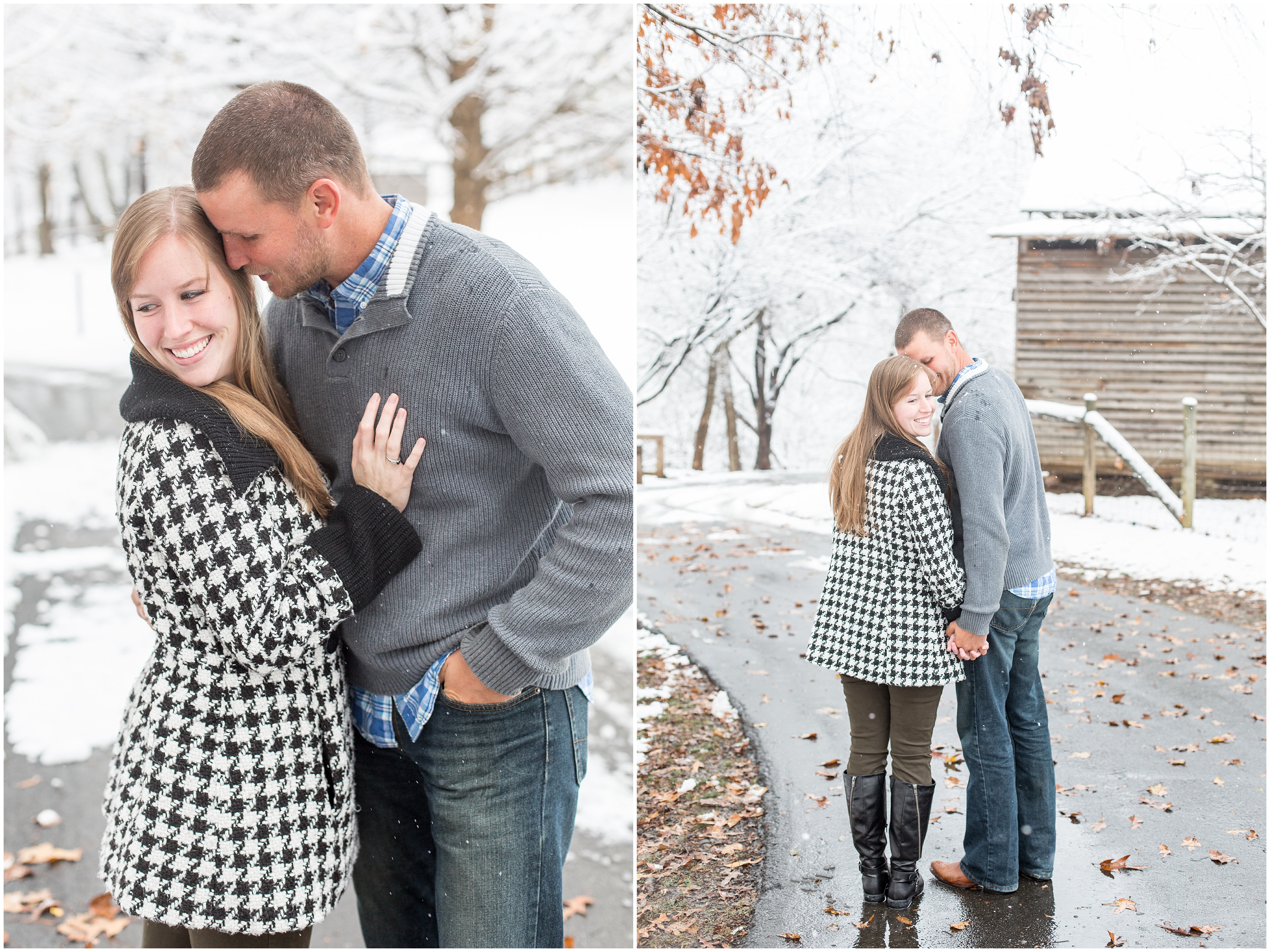 engaged couple during snowy Atlanta GA engagement session