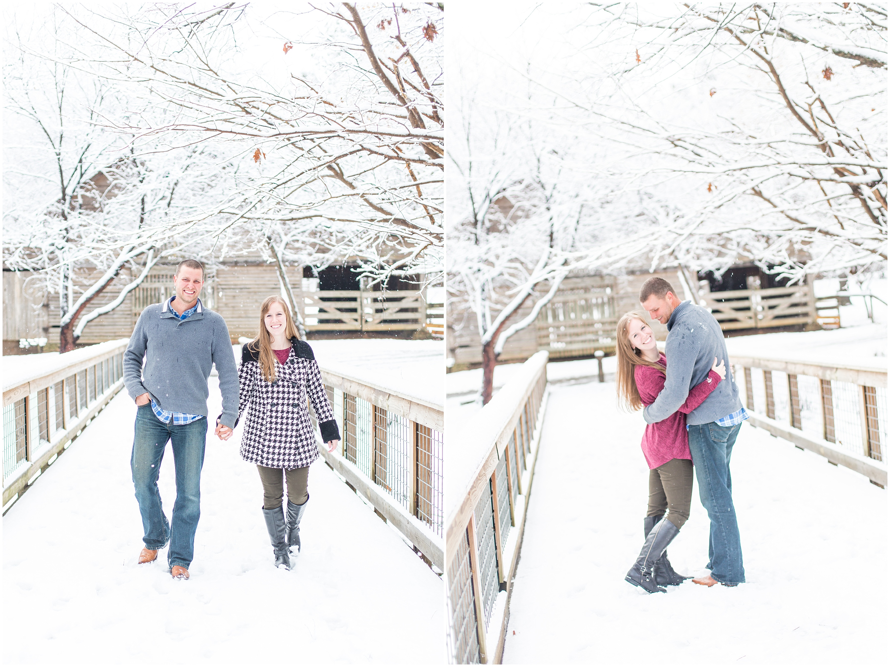 couple holding hands walking along snow covered bridge in Atlanta GA