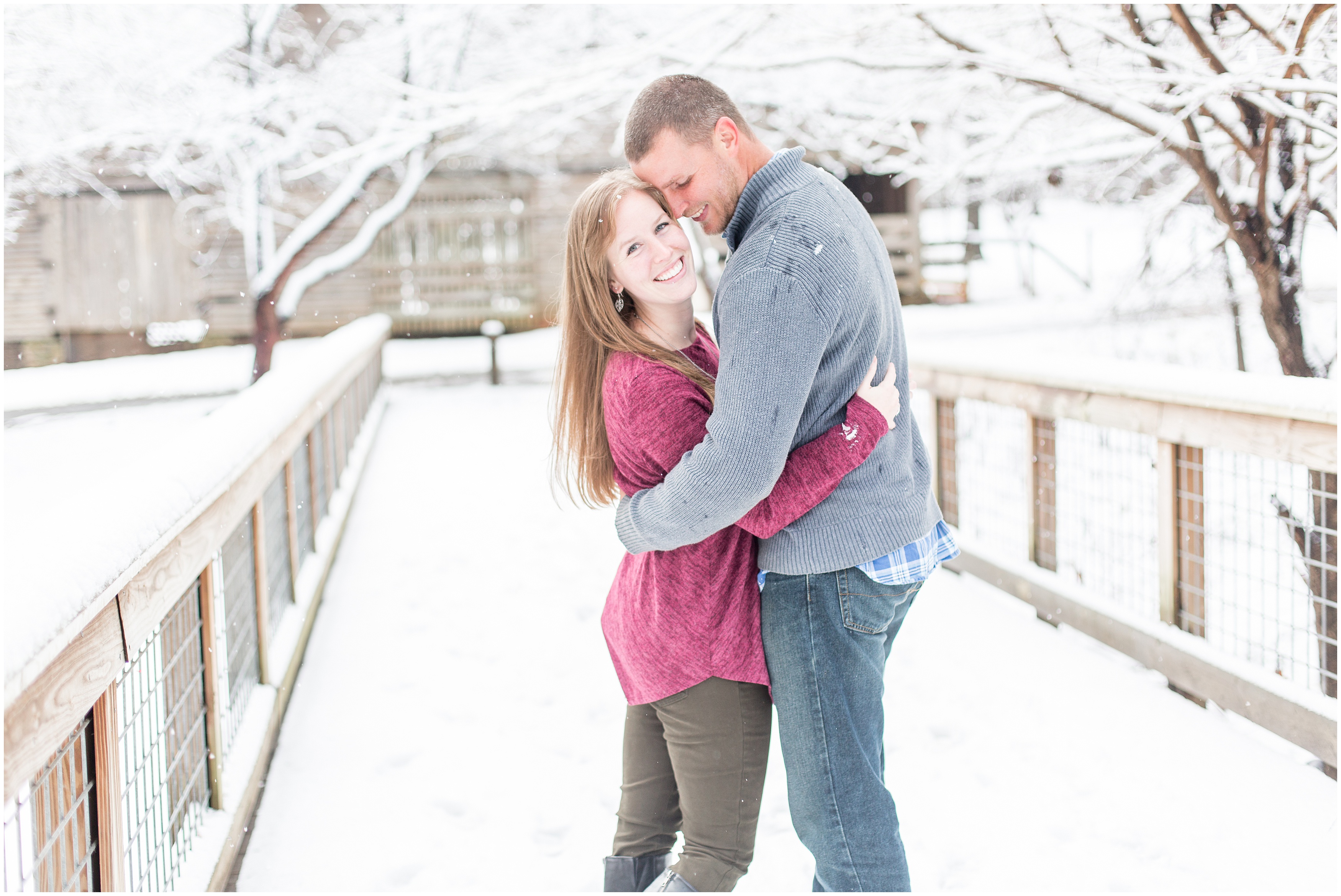 couple leans in close for outdoor winter engagement photos