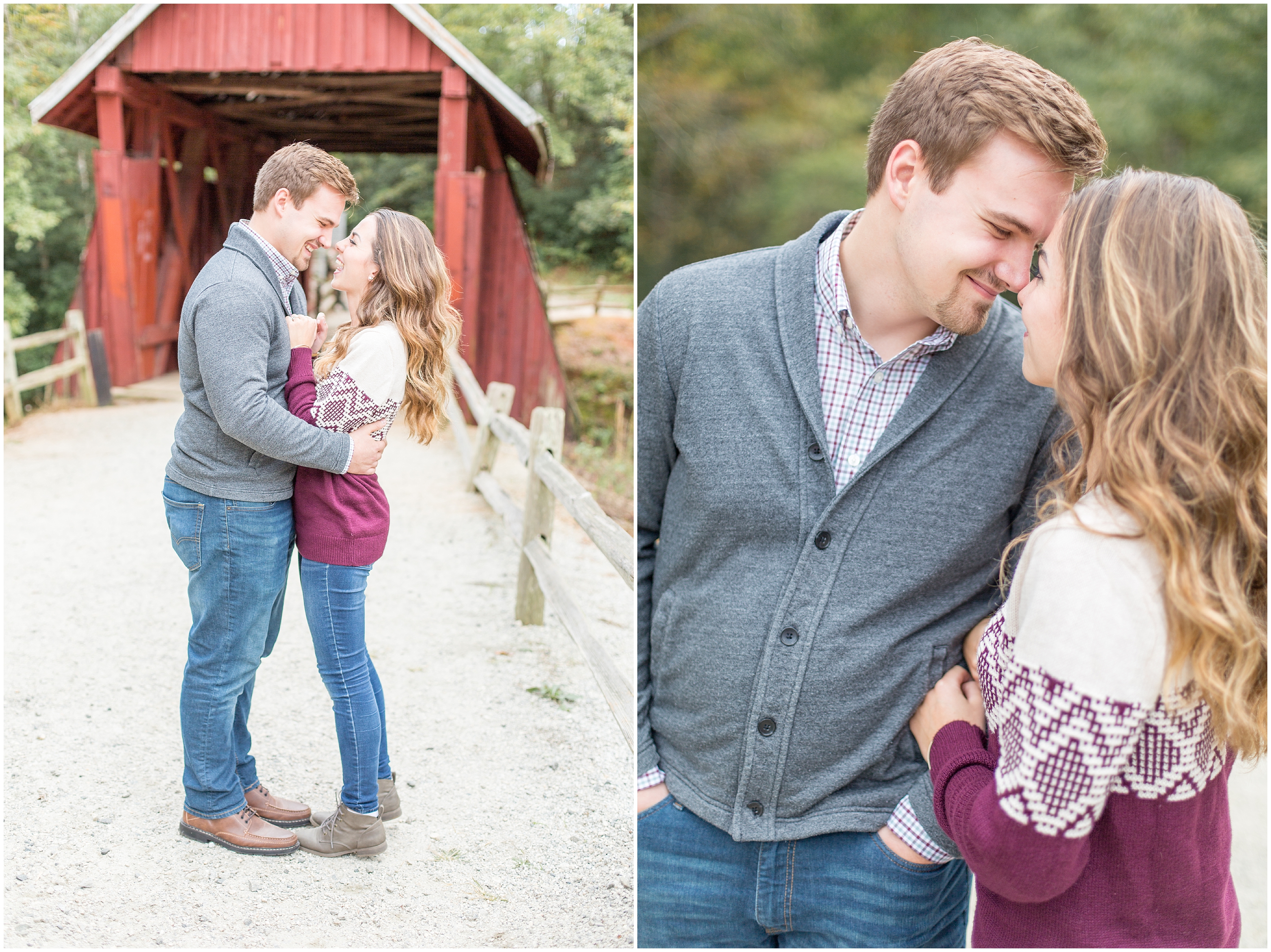 newly engaged couple by covered bridge in Greenville SC
