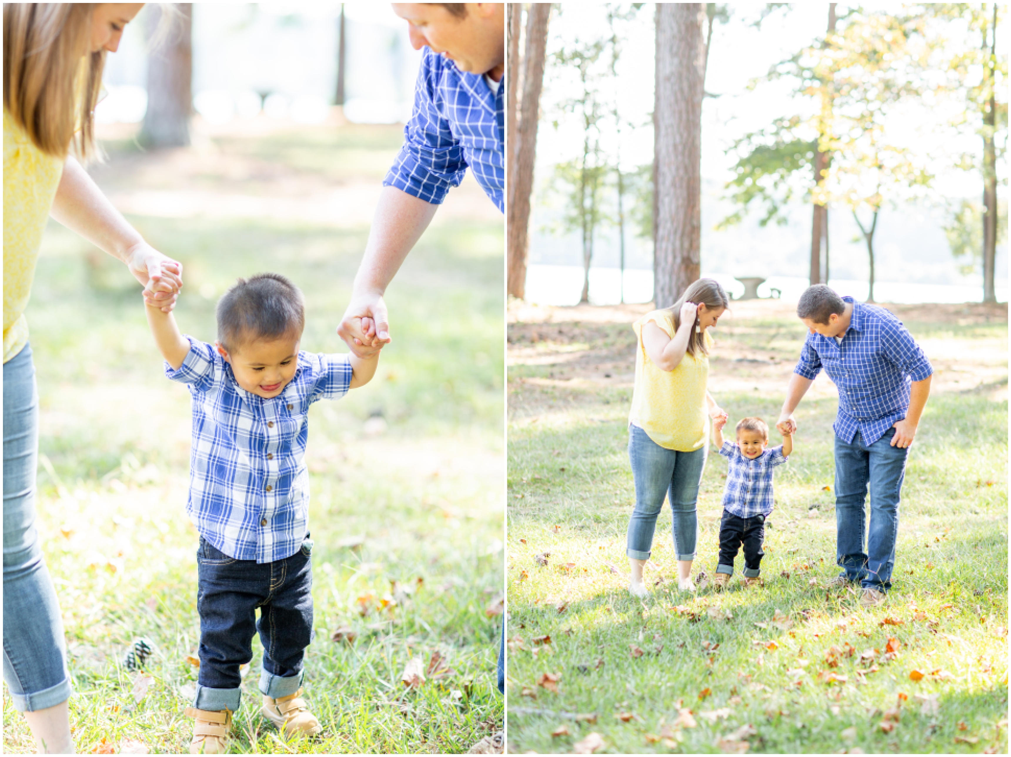 parents walk with toddler during family photos