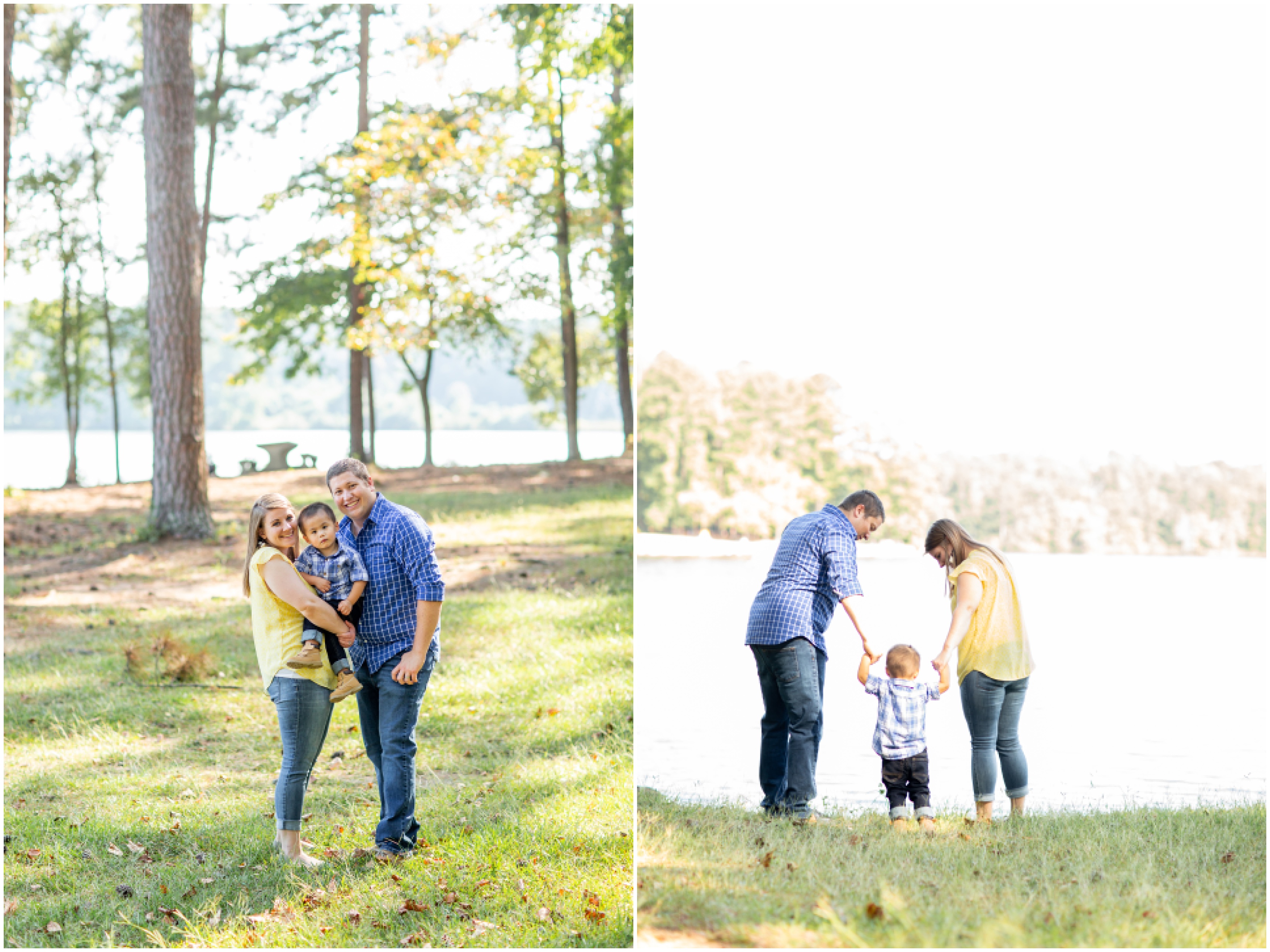 family of three poses by lake during Adoption Portraits