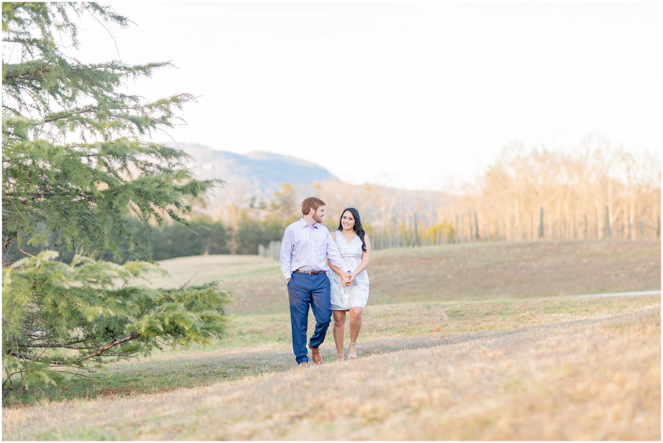 couple in field of SC with mountains in the background during Hotel Domestique engagement session