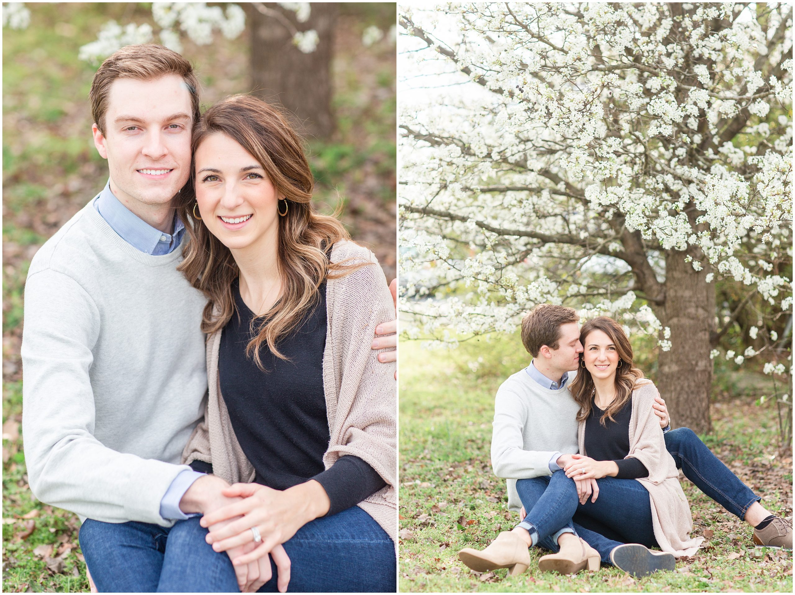 married couple poses by white tree in springtime
