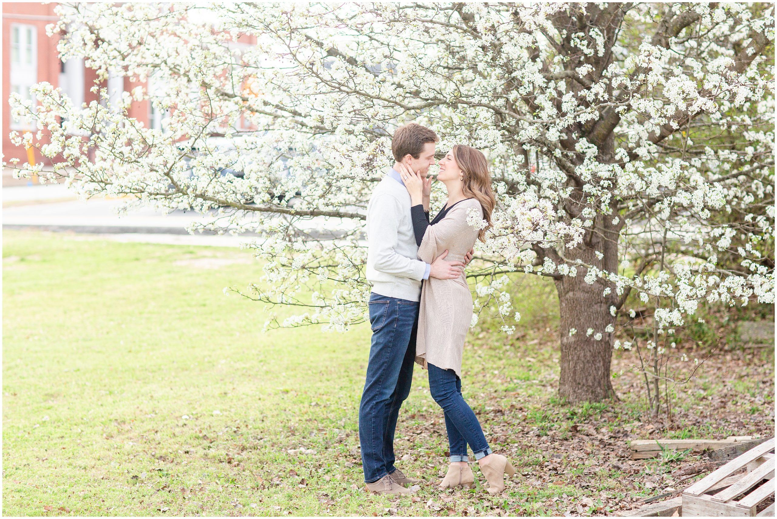 married couple poses by white tree during anniversary session