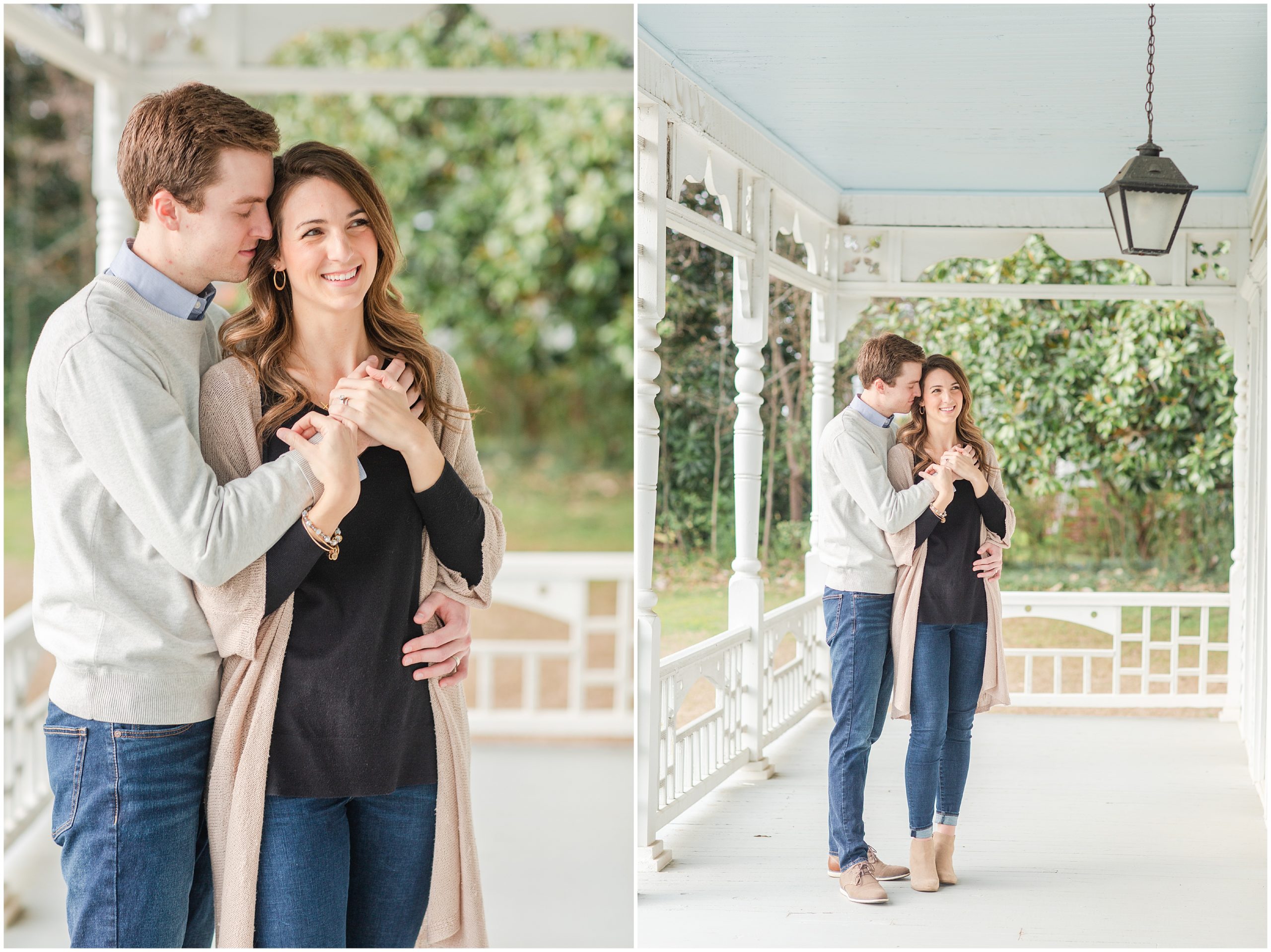 married couple hugs on porch during anniversary session