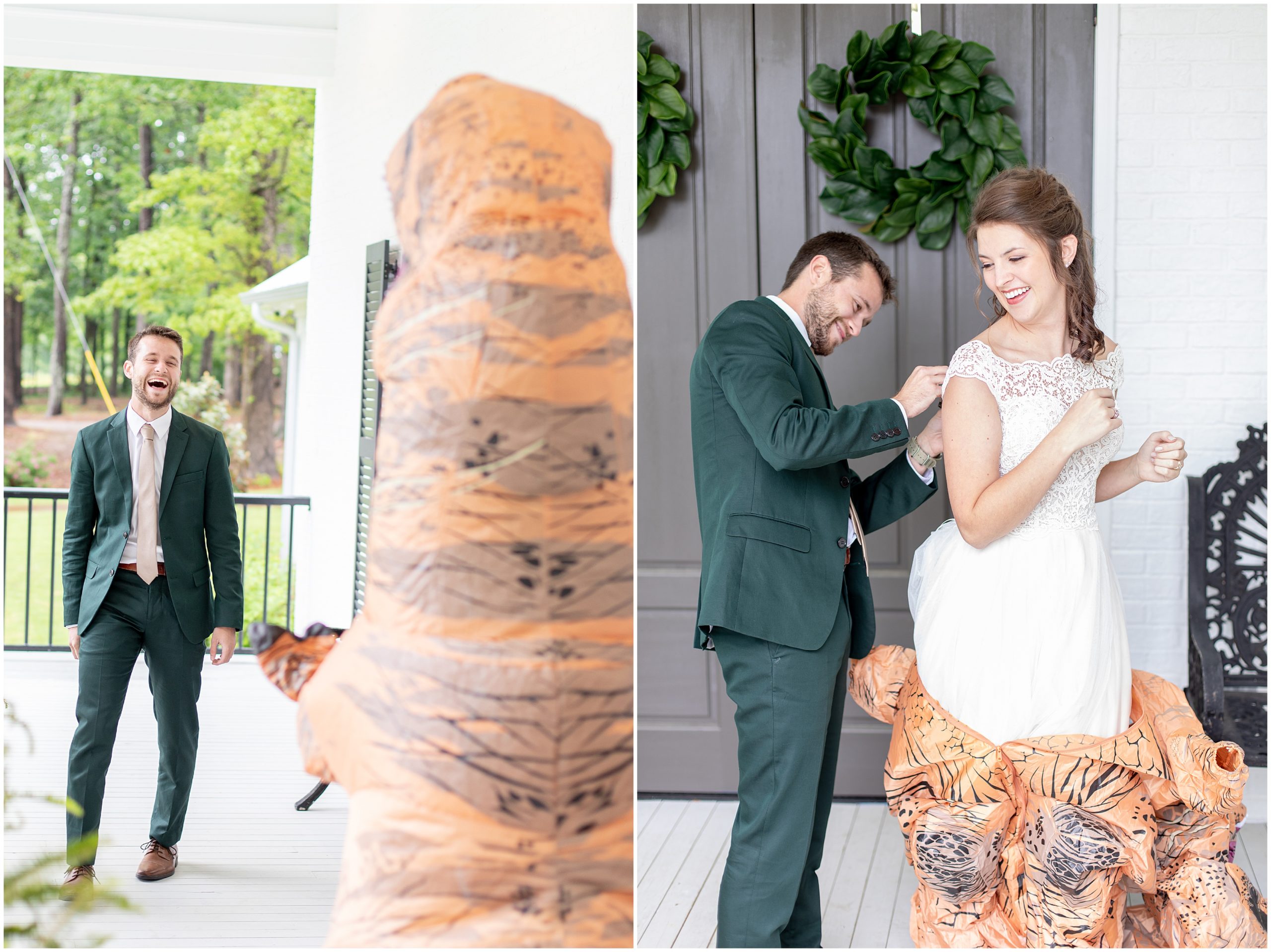 t-rex approaches groom for first look before Southern Alabama Wedding at The Witt House