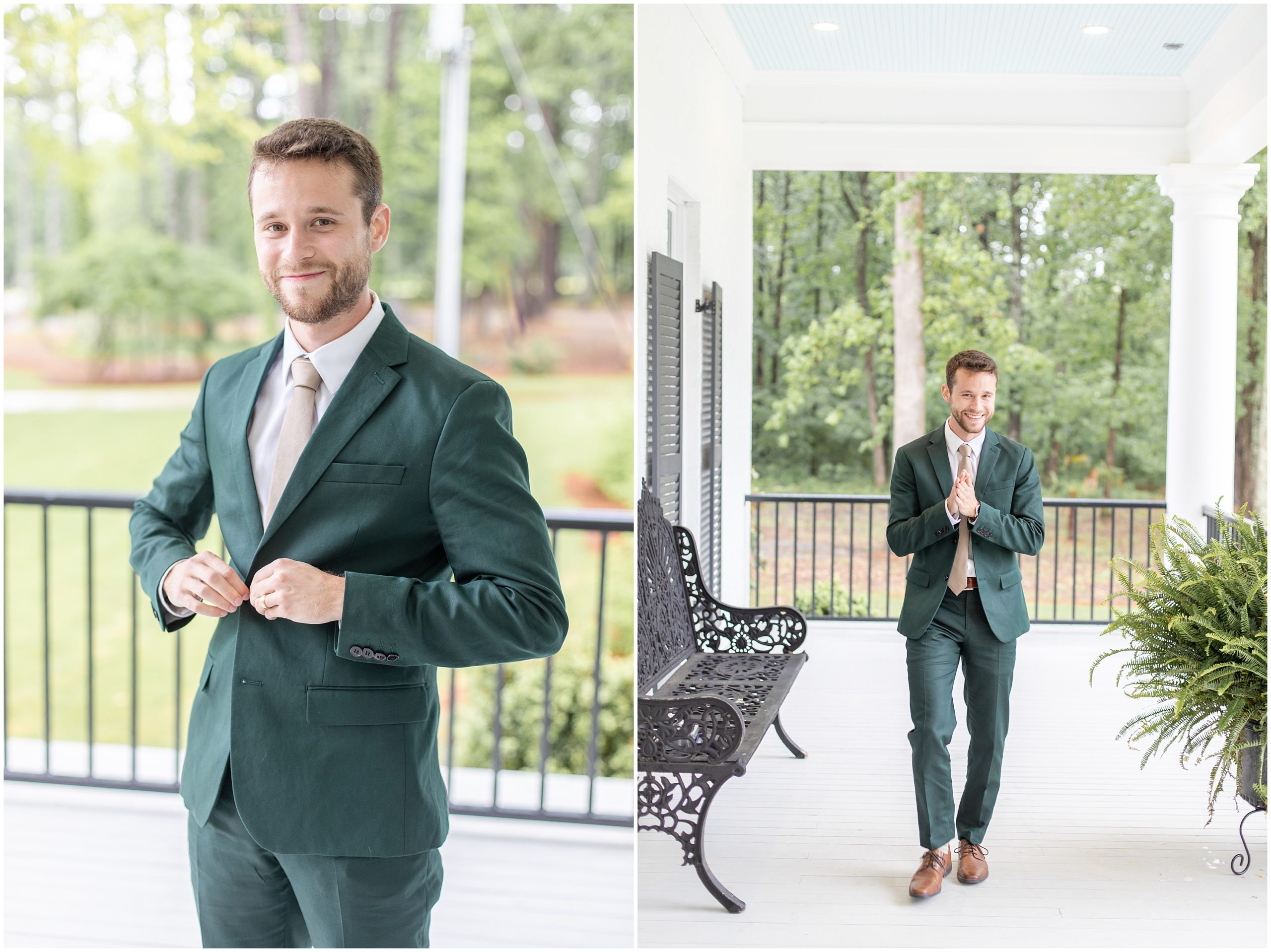 groom in emerald suit walks on porch at The Witt House